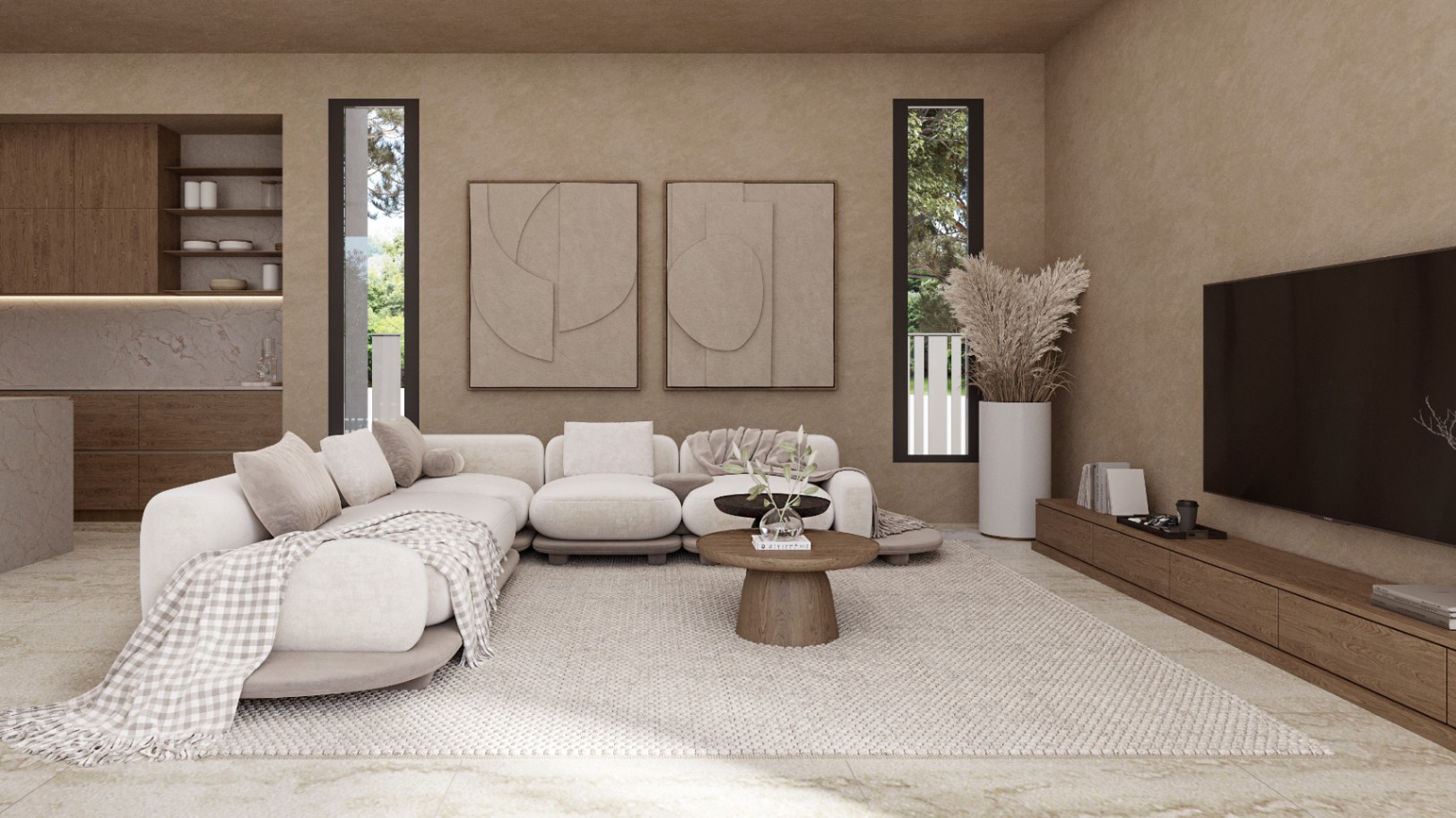 Offener Wohnbereich mit strukturierten Wänden in Erdtönen, modularem Sofa und minimalistischen Holzmöbeln, die fließend in die integrierte Küche übergehen.
