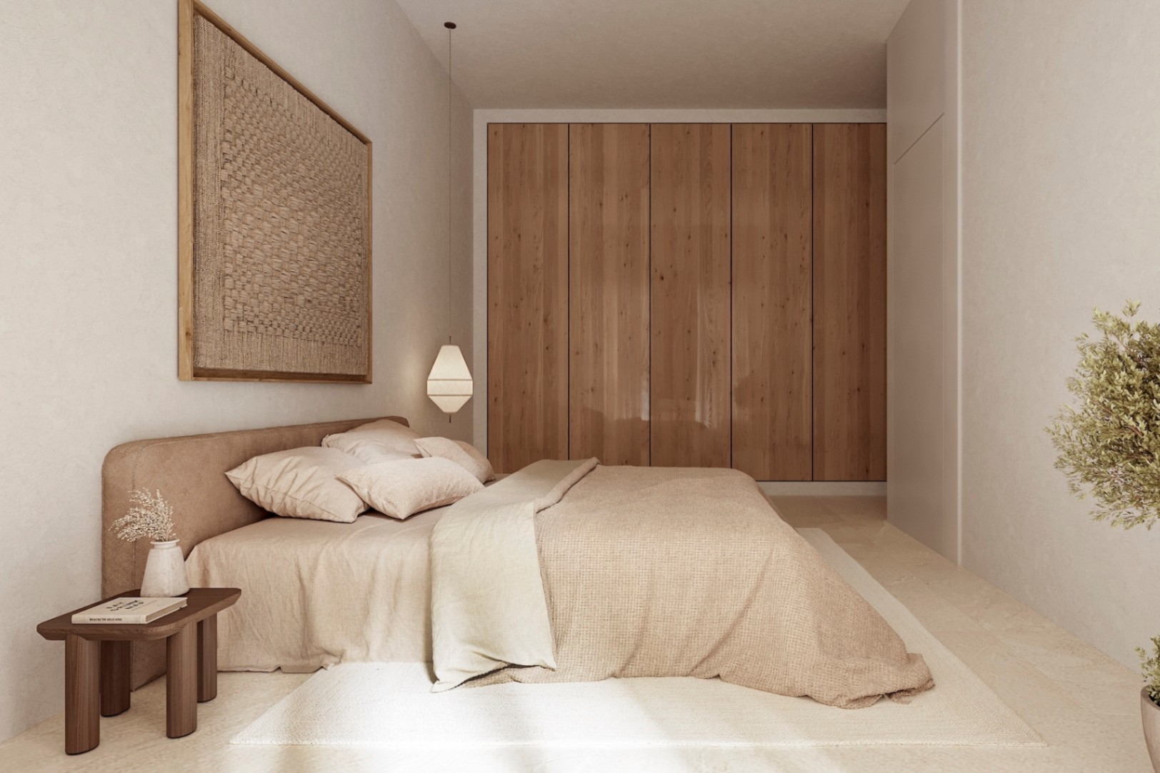 Schlafzimmer mit raumhohen Holzschränken, minimalistischem Design in Beigetönen und dekorativen Elementen aus natürlichen Materialien.