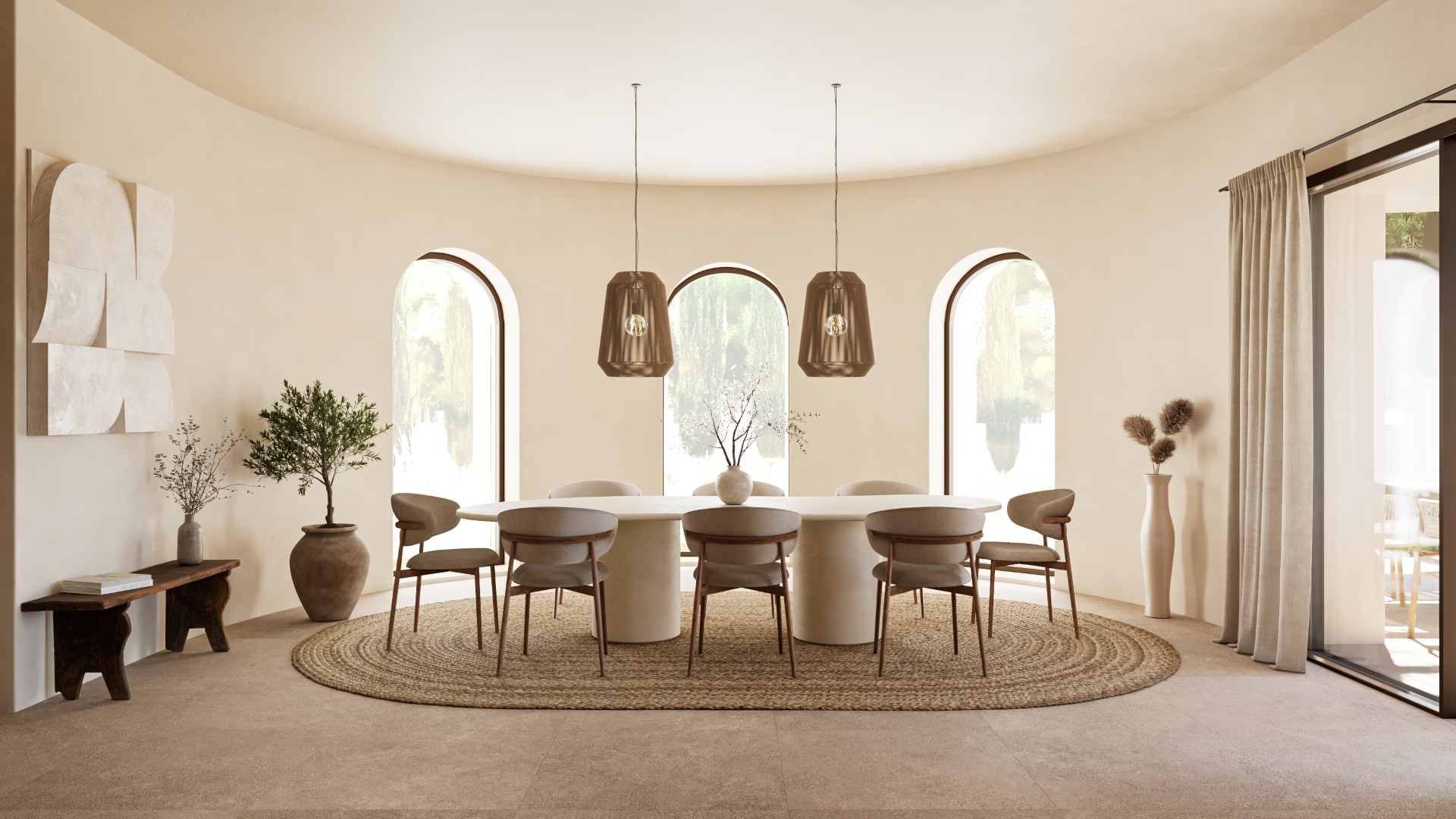 Eleganter Essbereich mit ovalem Steintisch, modernen Holzstühlen und Juteteppich. Drei Rundbogenfenster in der geschwungenen Wand sorgen für helles, natürliches Licht.