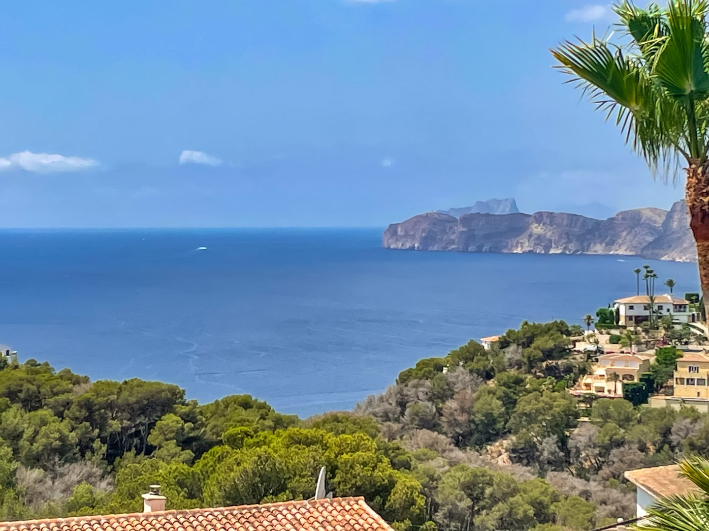 Erhöhter Panoramablick auf das Mittelmeer und die Küstenfelsen über dichten Pinienwäldern und traditionellen Terrakotta-Dächern in Jávea.
