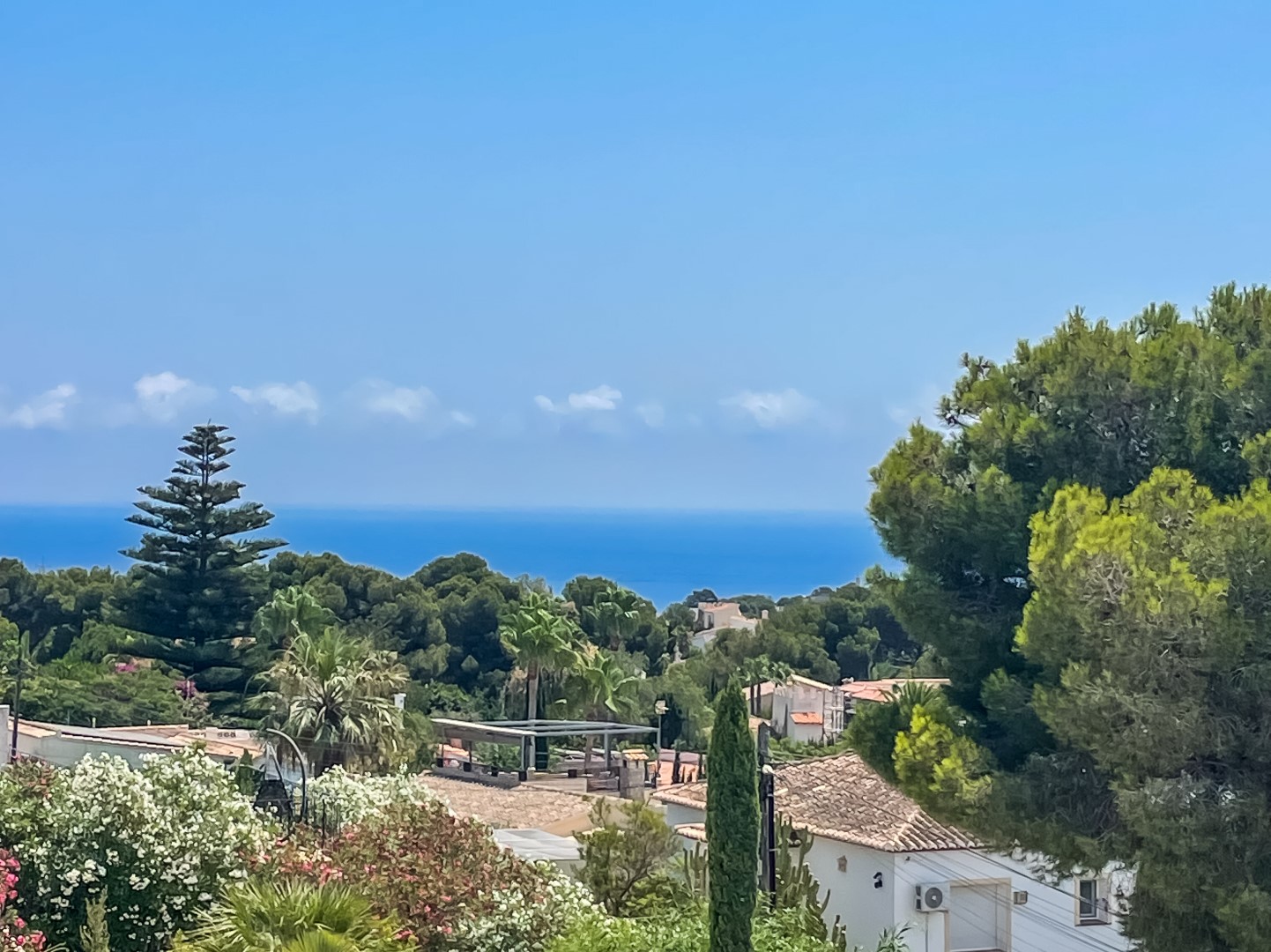 Erhöhter Panoramablick auf das Mittelmeer von Balcón al Mar, eingerahmt von Pinien, Palmen und traditionellen Ziegeldächern in Jávea.