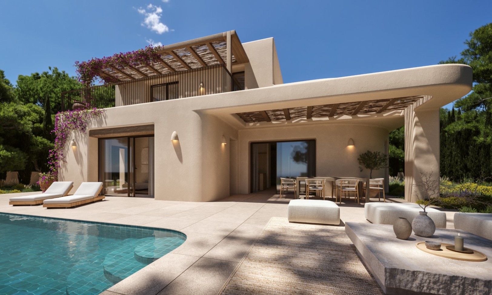 Mediterrane Außenansicht mit türkisfarbenem Pool, Steinterrassen und Holzpergolen. Das Design besticht durch abgerundete Wände, einen schattigen Essbereich und Bougainvillea.