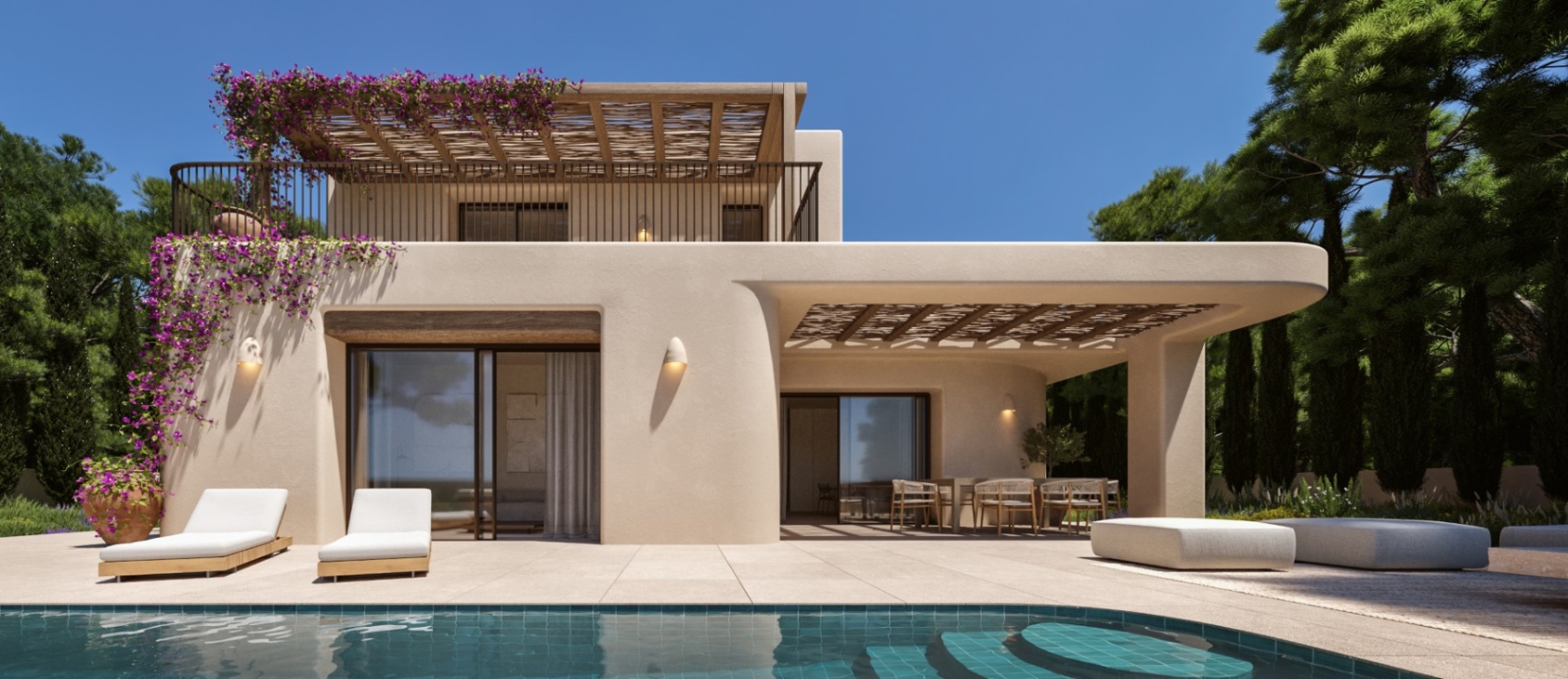 Mediterrane Villa mit sandfarbenem Putz, Schilfrohr-Pergolen, einem türkisfarbenen Pool und großzügigen Terrassen inmitten von Pinien und Bougainvillea.
