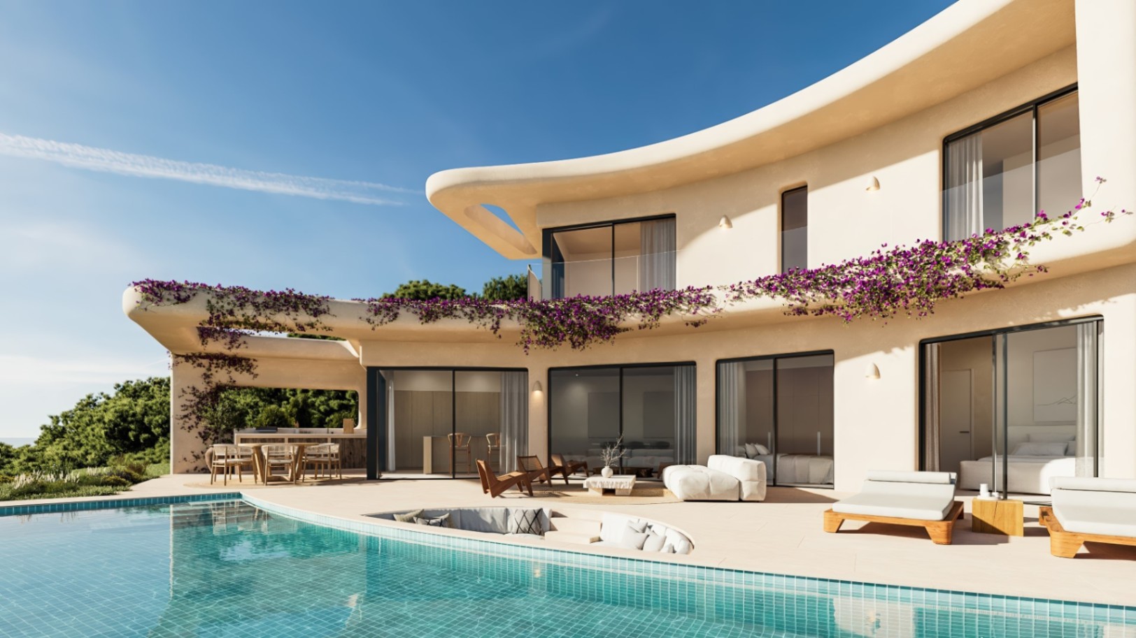 Geschwungene Fassade im Ibiza-Stil mit türkisfarbenem Pool, eingelassener Lounge-Ecke und mit Bougainvillea bewachsenen Terrassen in Jávea.