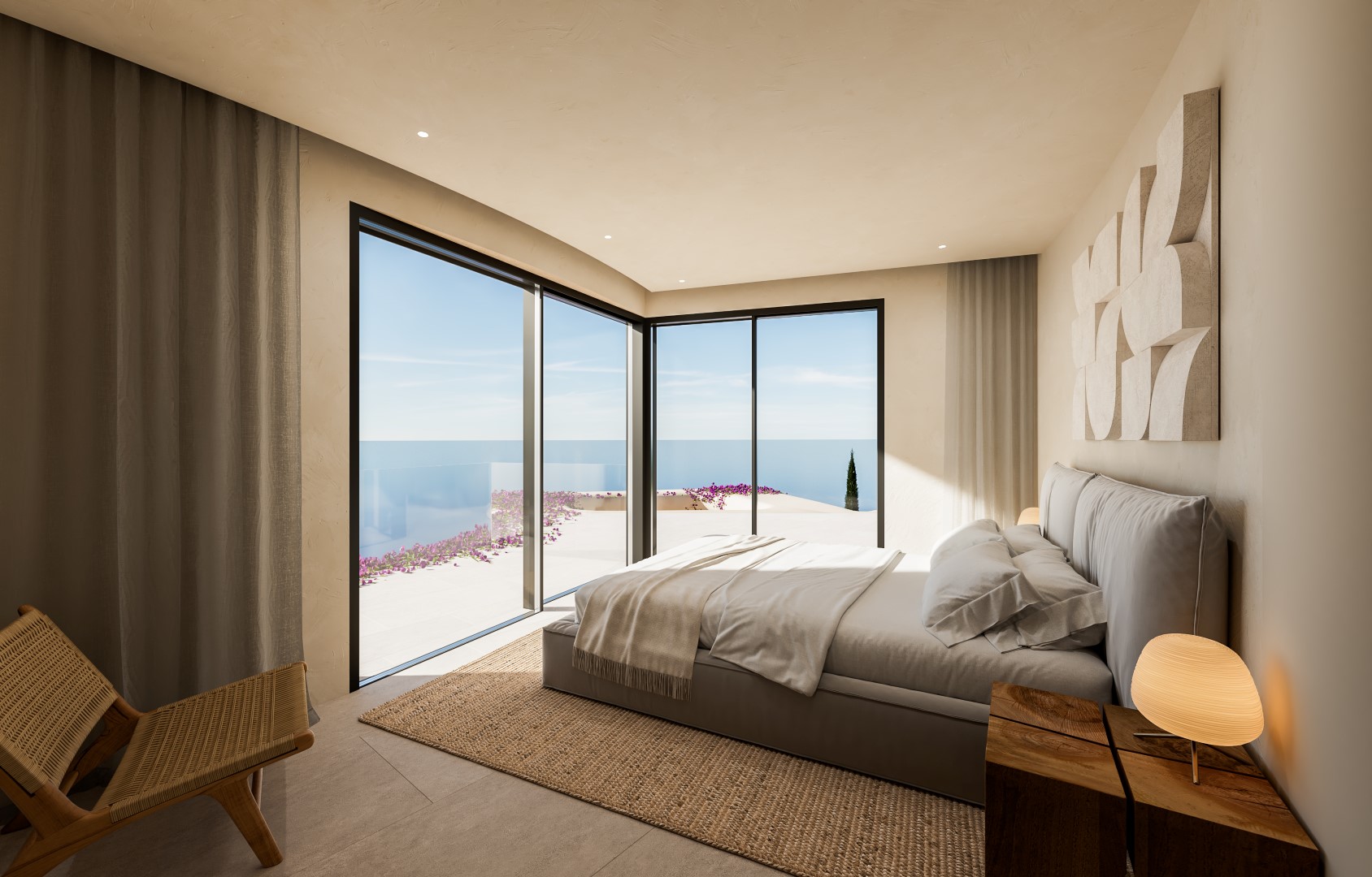 Hauptschlafzimmer mit raumhohen Eckfenstern, Meerblick, direktem Terrassenzugang und minimalistischem Design mit natürlichen Holz- und Webtexturen.