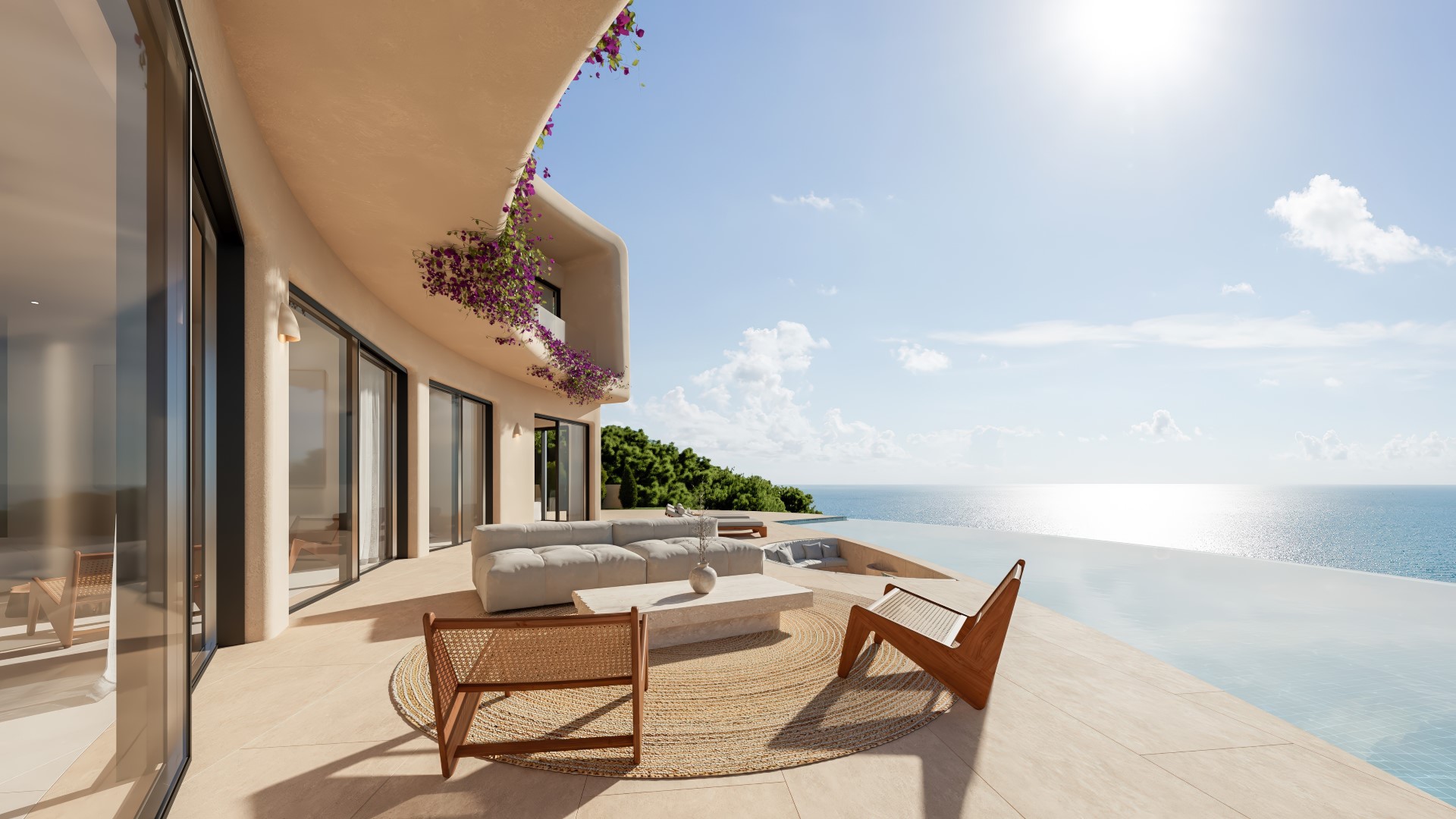 Hauptterrasse mit Infinity-Pool und Panoramameerblick. Designermöbel auf einem Jute-Teppich unter geschwungener Architektur mit blühenden Bougainvilleen.