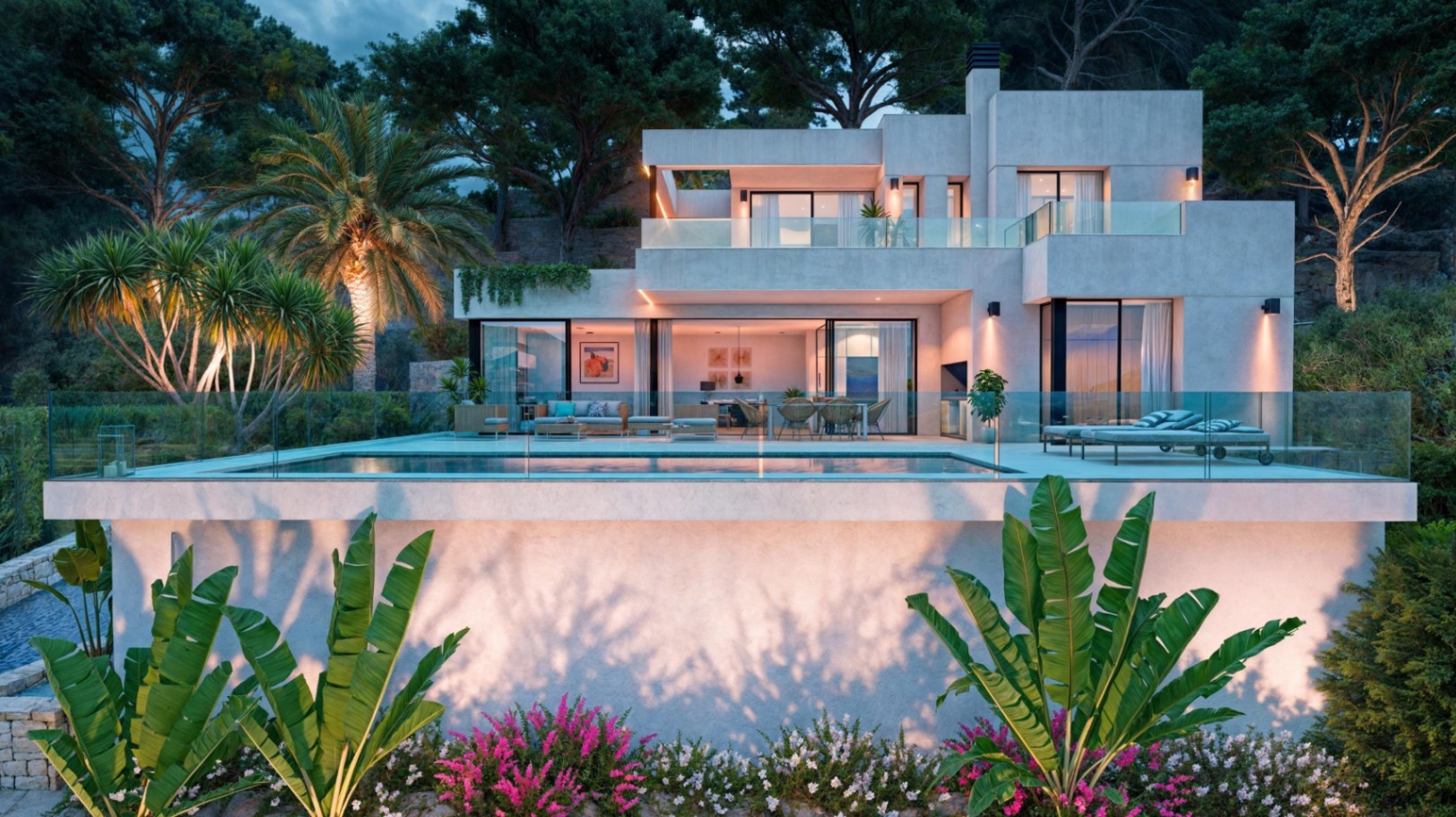 Außenansicht der modernen Villa bei Dämmerung mit privatem Pool, großzügigen Terrassen mit Glasgeländern und einer beleuchteten Fassade in privilegierter, naturnaher Lage.