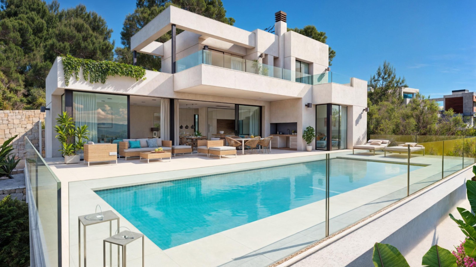 Moderne Außenansicht der Villa mit privatem Pool, großzügigen Terrassen, Außenküche und großen Glasfronten, die den Wohnbereich mit dem Außenbereich verbinden.