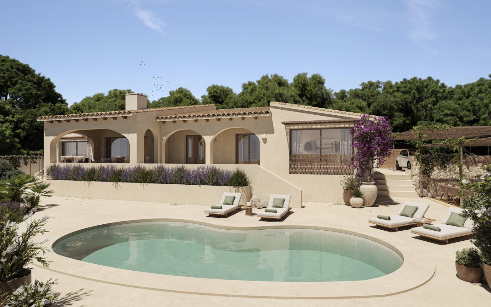 Außenansicht der Villa mit organisch geformtem Pool, mediterranen Rundbogen-Veranden und sonnigen Terrassen inmitten von Lavendel und einheimischer Flora.