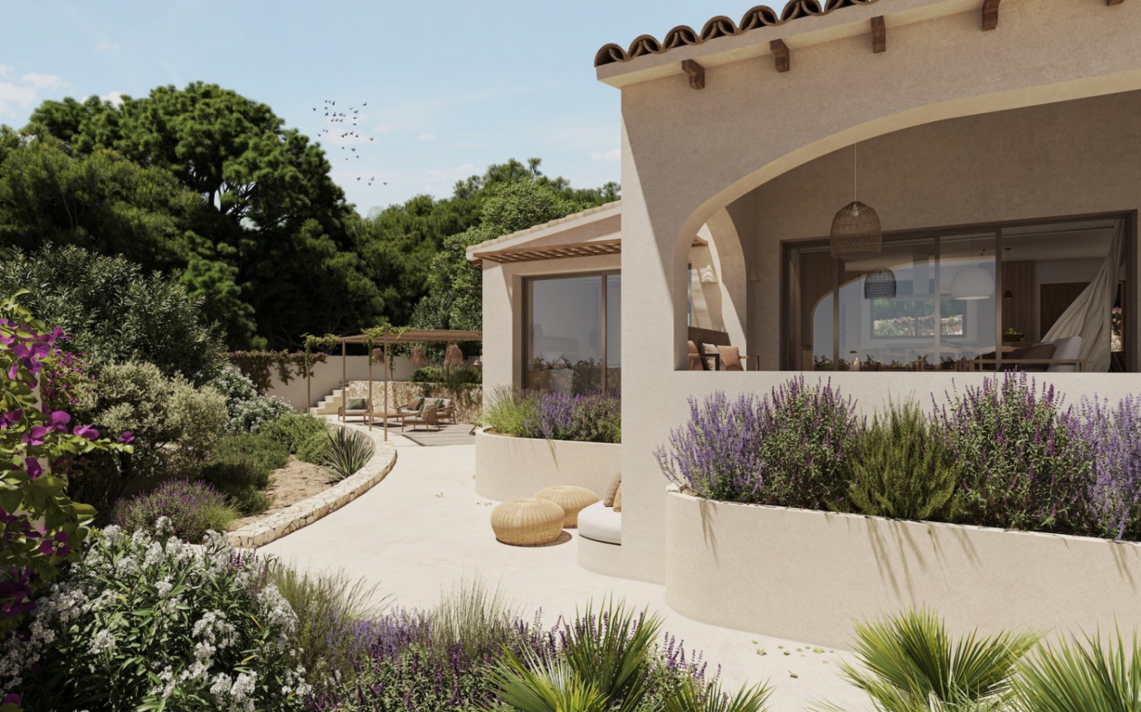 Außenansicht der Villa mit Rundbogen-Veranda, sandfarbenen Oberflächen und mediterranem Garten mit Lavendel, Bougainvillea und integrierten Sitzbereichen.