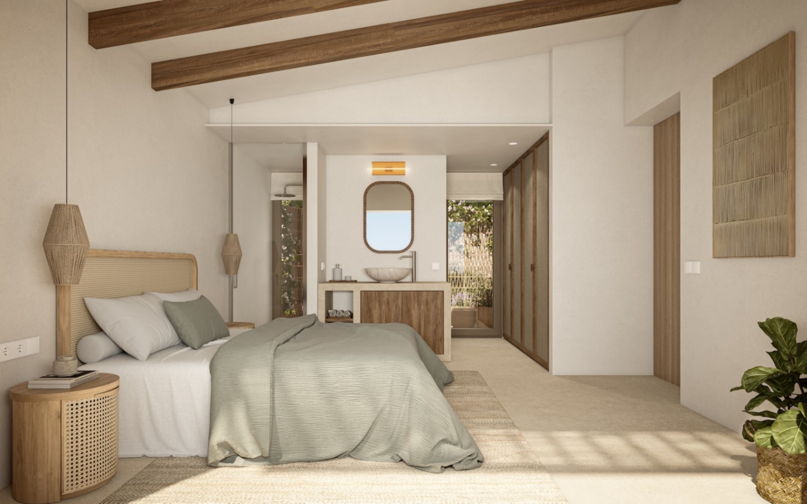 Hauptschlafzimmer mit Sichtbalken aus Holz, integriertem Waschplatz mit Steinbecken und Einbauschränken. Natürliche Texturen und direkter Zugang zur privaten Terrasse.