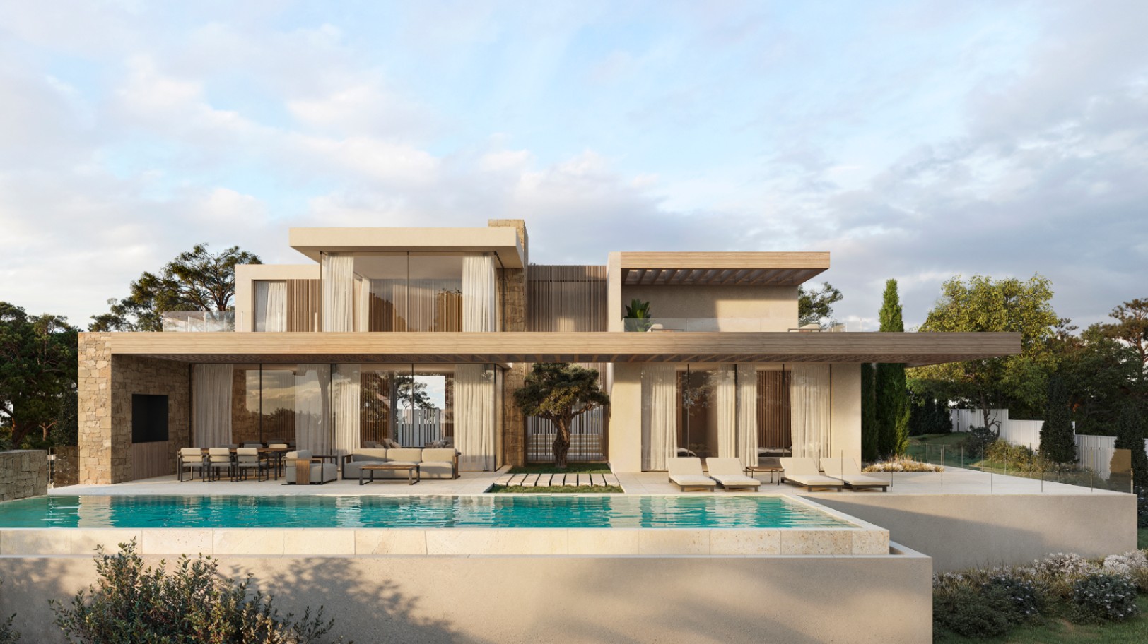 Außenansicht der Villa mit Infinity-Pool, großzügigen Terrassen mit Holzpergolen und einer Fassade aus Naturstein und bodentiefen Glasfronten.