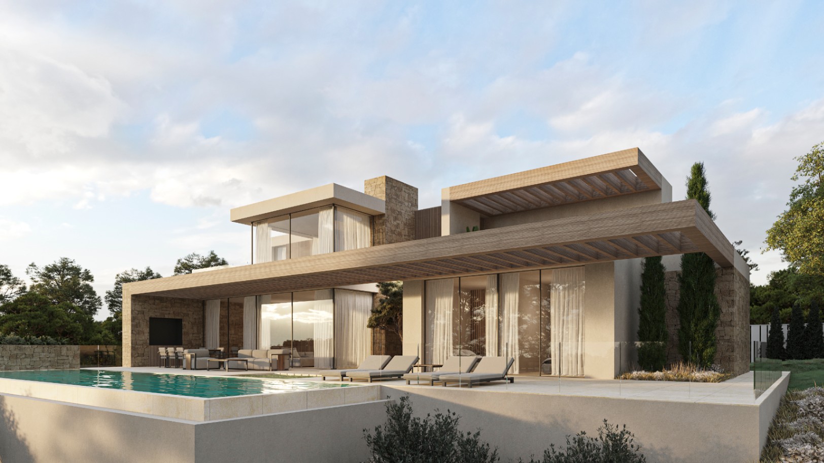 Außenansicht der Villa mit Infinity-Pool, Holzpergolen und Natursteinwänden. Bodentiefe Glasfronten verbinden die großzügigen Terrassen mit dem Innenbereich.