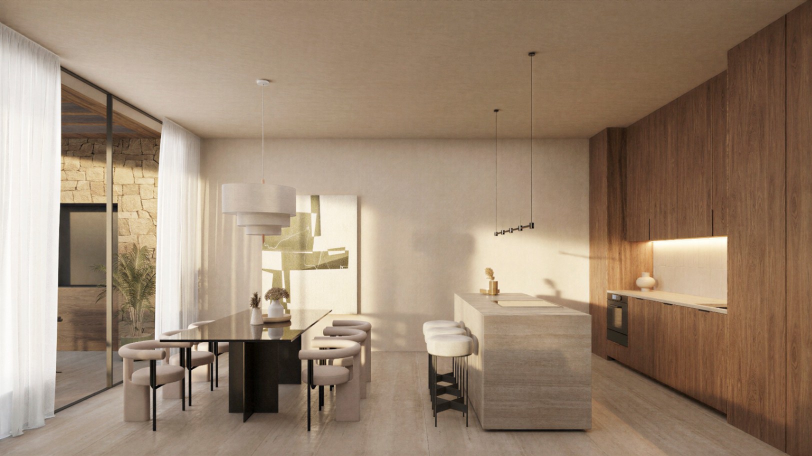 Designerküche mit Natursteininsel und Holzschränken, integriert in einen eleganten Essbereich mit sanftem Tageslicht und Blick auf den Steinpatio.