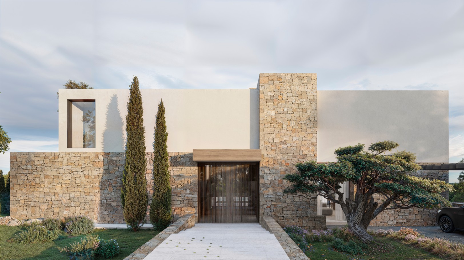 Hauptfassade in modernem Design mit Natursteinmauern, Holzeingang und mediterraner Gartenanlage mit Zypressen und Olivenbäumen.