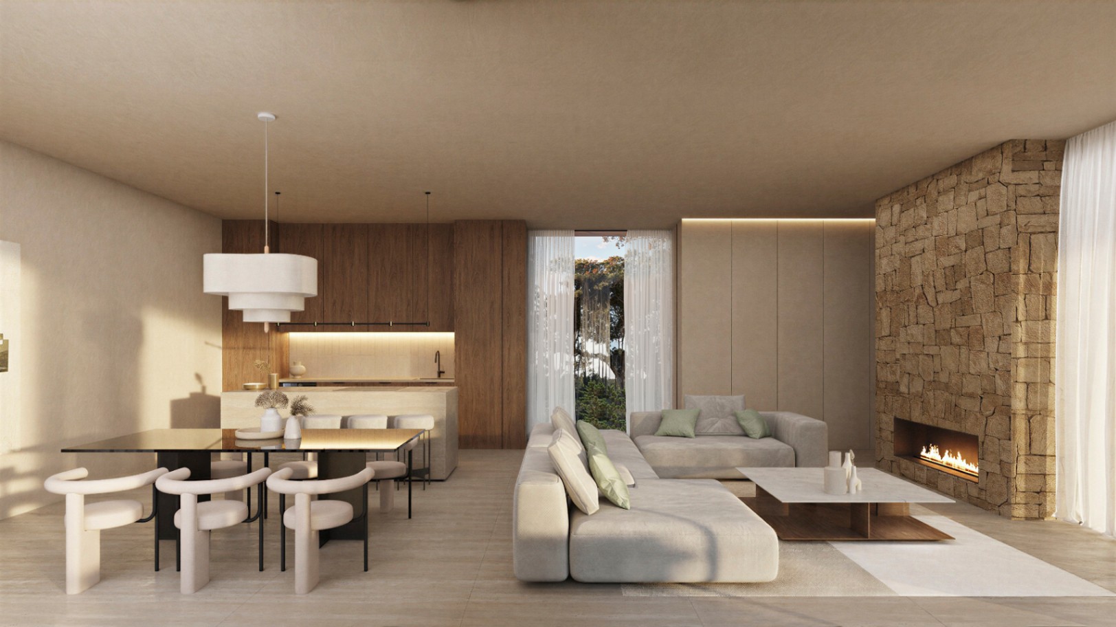 Offener Wohn- und Essbereich mit Natursteinwand und integriertem Kamin, Designermöbeln und einer modernen Holzküche mit indirekter Beleuchtung.