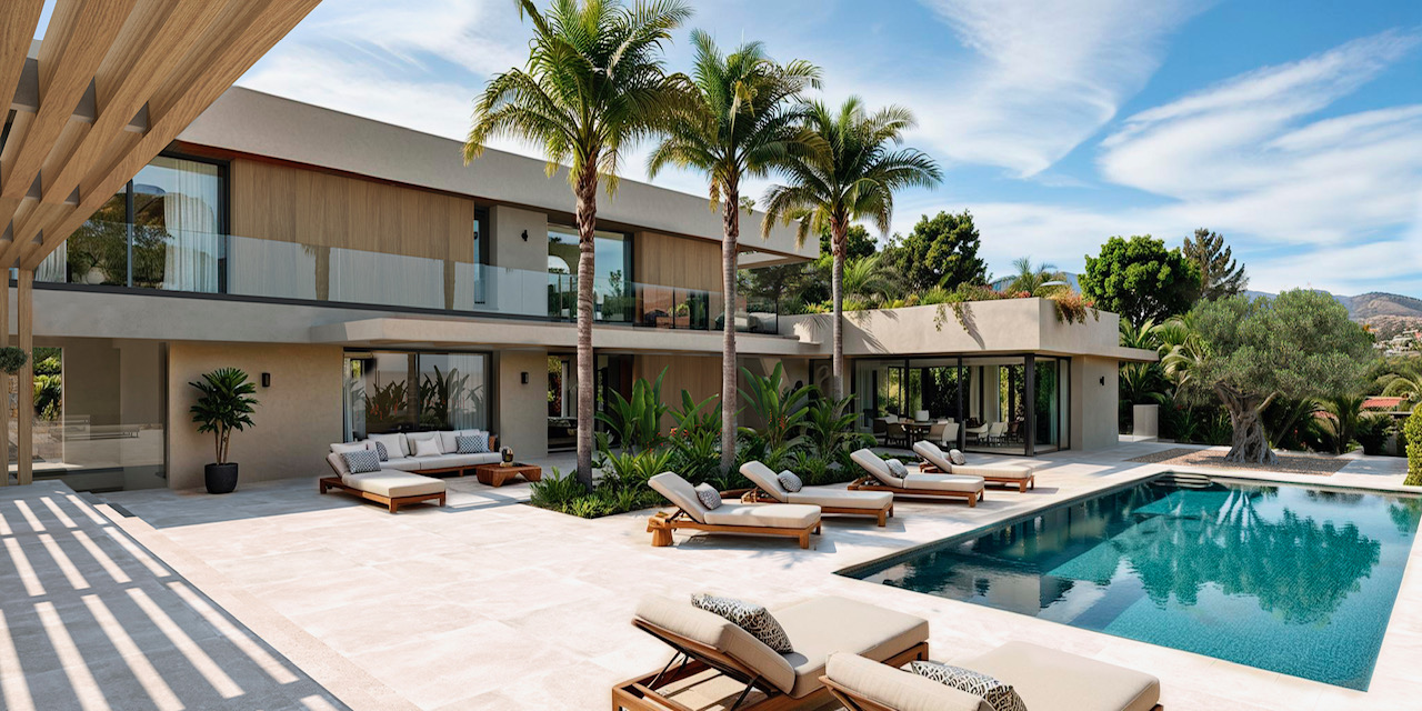 Außenansicht der Villa mit privatem Pool, weitläufiger Steinterrasse und Sonnendeck mit Holzliegen, umgeben von Palmen und mediterraner Bepflanzung.