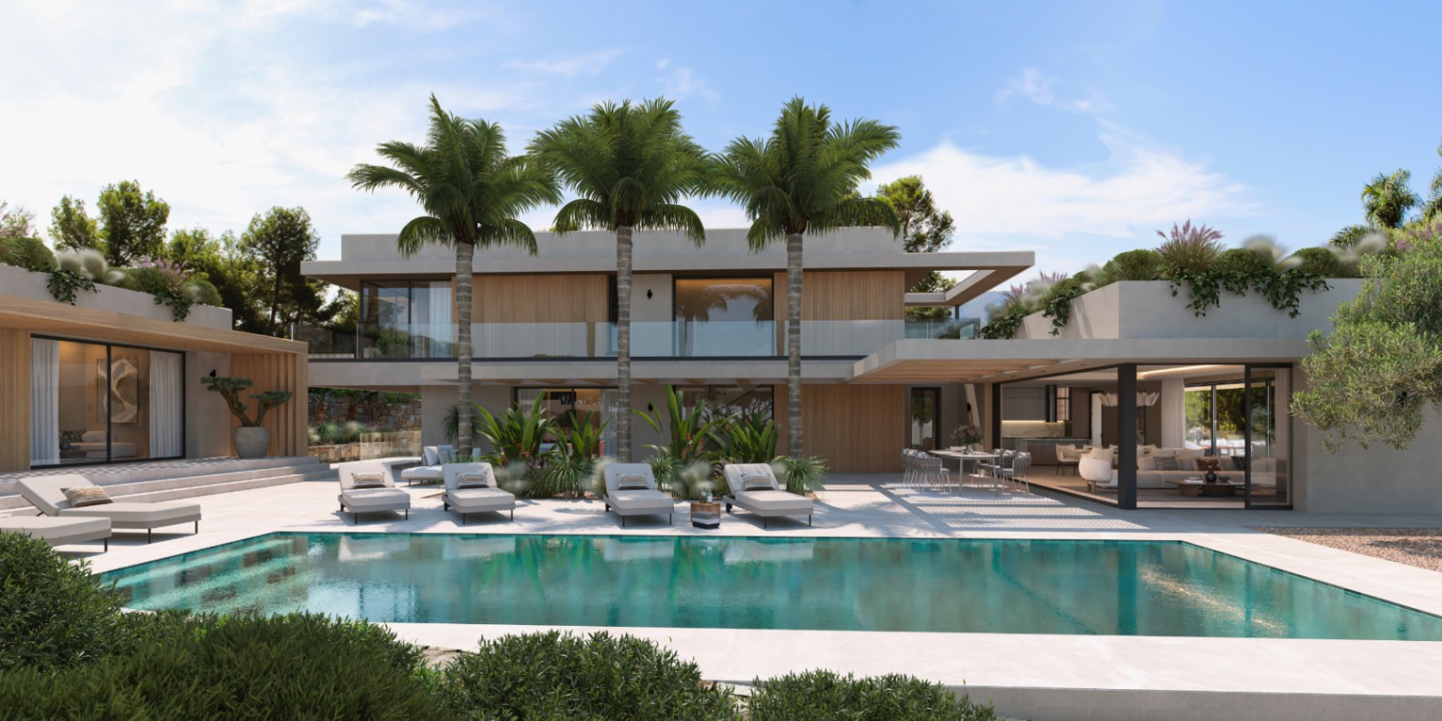 Außenansicht der Villa mit rechteckigem Pool, heller Steinterrasse und moderner Fassade mit Holzverkleidung. Integrierte Palmen und ein überdachter Essbereich im Freien.