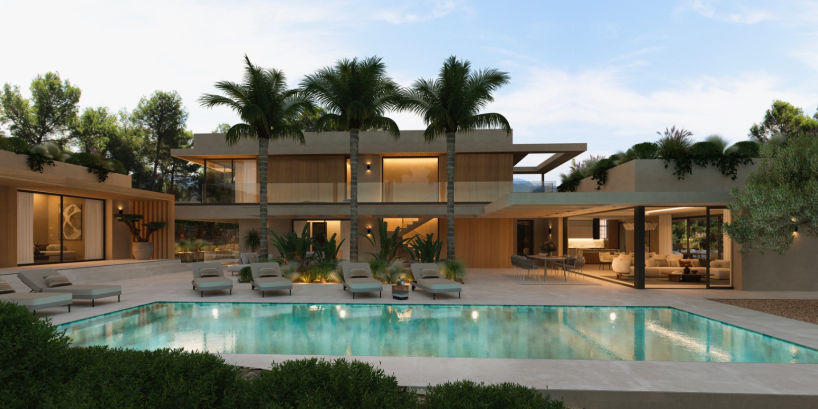 Außenansicht der Villa mit rechteckigem Pool, Steinterrasse und drei Palmen. Die Fassade kombiniert Holzpaneele, große Glasfronten und flache, begrünte Dächer.