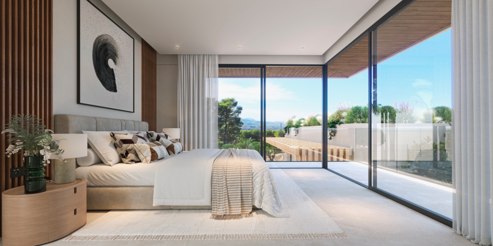 Hauptschlafzimmer mit bodentiefen Eckfenstern, dekorativen Holzpaneelen und direktem Zugang zu einer privaten Terrasse mit Blick auf die Landschaft.