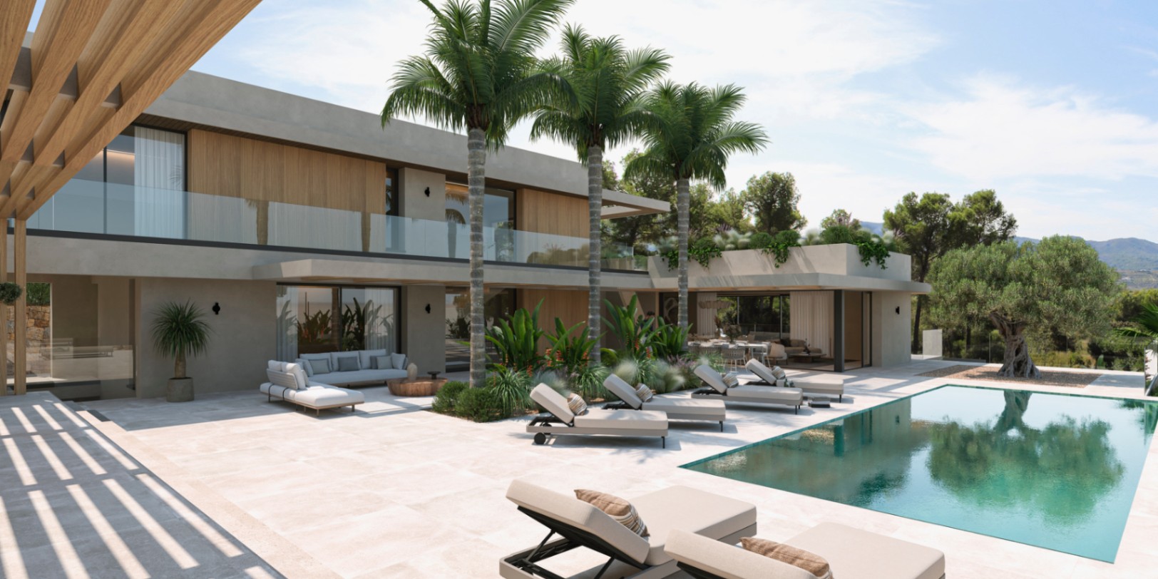 Moderne Villa mit großem Pool, heller Steinterrasse, integrierten Palmen und einer Fassade aus Sichtbeton und warmen Holz-Elementen.