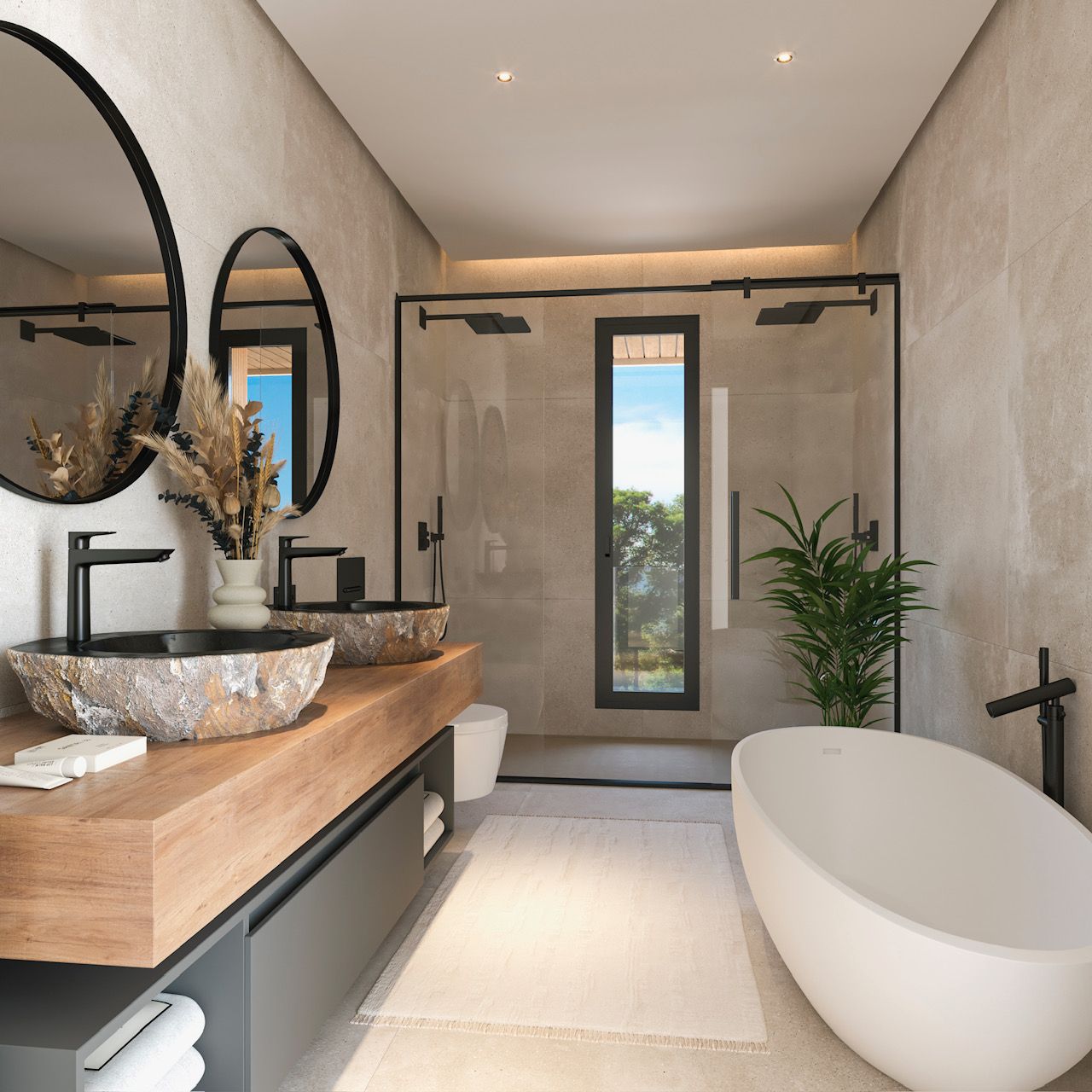 Modernes Badezimmer mit Naturstein-Aufsatzbecken auf Holzkonsole, freistehender Badewanne und begehbarer Dusche mit mattschwarzen Armaturen und sandfarbenen Fliesen.