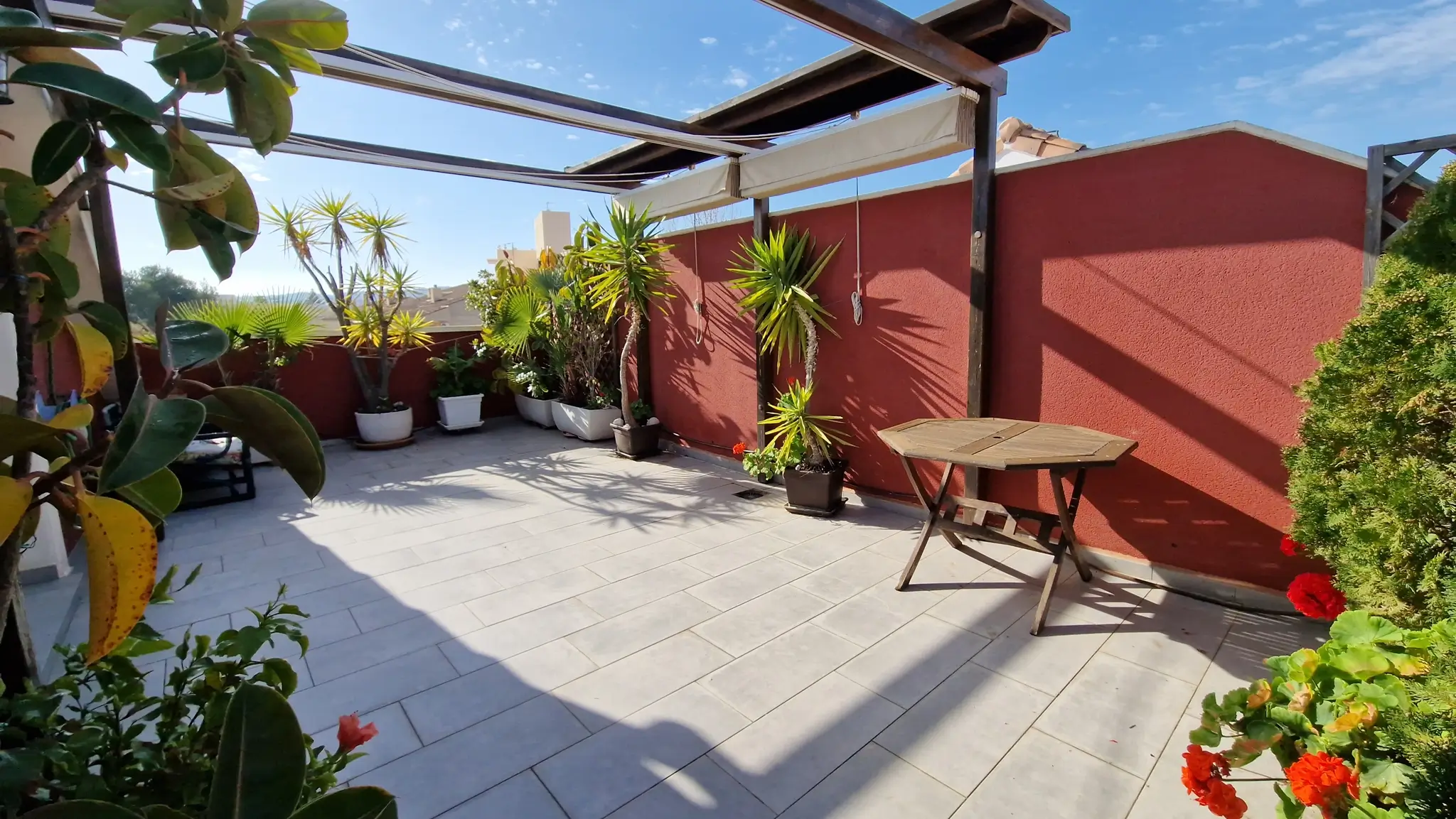 Außen-Dachterrasse mit grauen Bodenfliesen, Holzpergola mit ausziehbarer Markise und verschiedenen Topfpflanzen vor einer weinroten Wand.