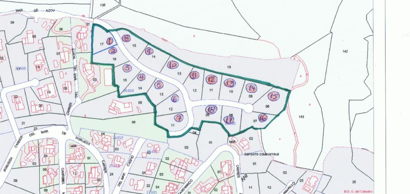 Detaillierter Katasterplan mit der technischen Aufteilung der Grundstücke 11 bis 17, markiert durch eine grüne Umrandung und Straßennamen.