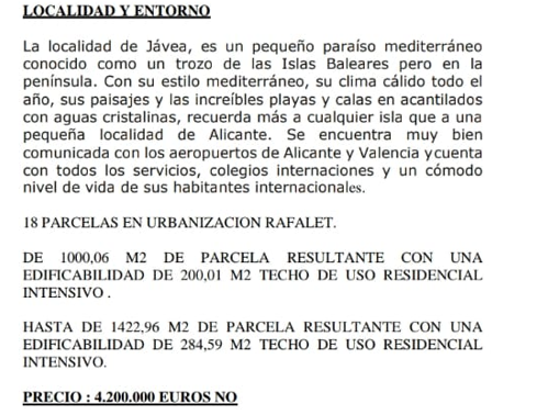 Technisches Informationsdokument mit Details zur Lage in Jávea und den Baubedingungen für 18 Wohngrundstücke in der Urbanización Rafalet.