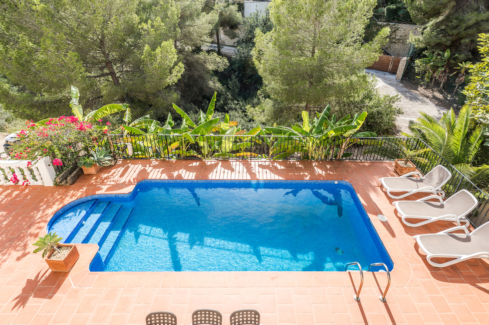 Erhöhte Ansicht eines rechteckigen Pools mit blauen Mosaikfliesen, Terrakotta-Terrasse und Sonnenliegen, umgeben von üppiger mediterraner Vegetation und Pinien.