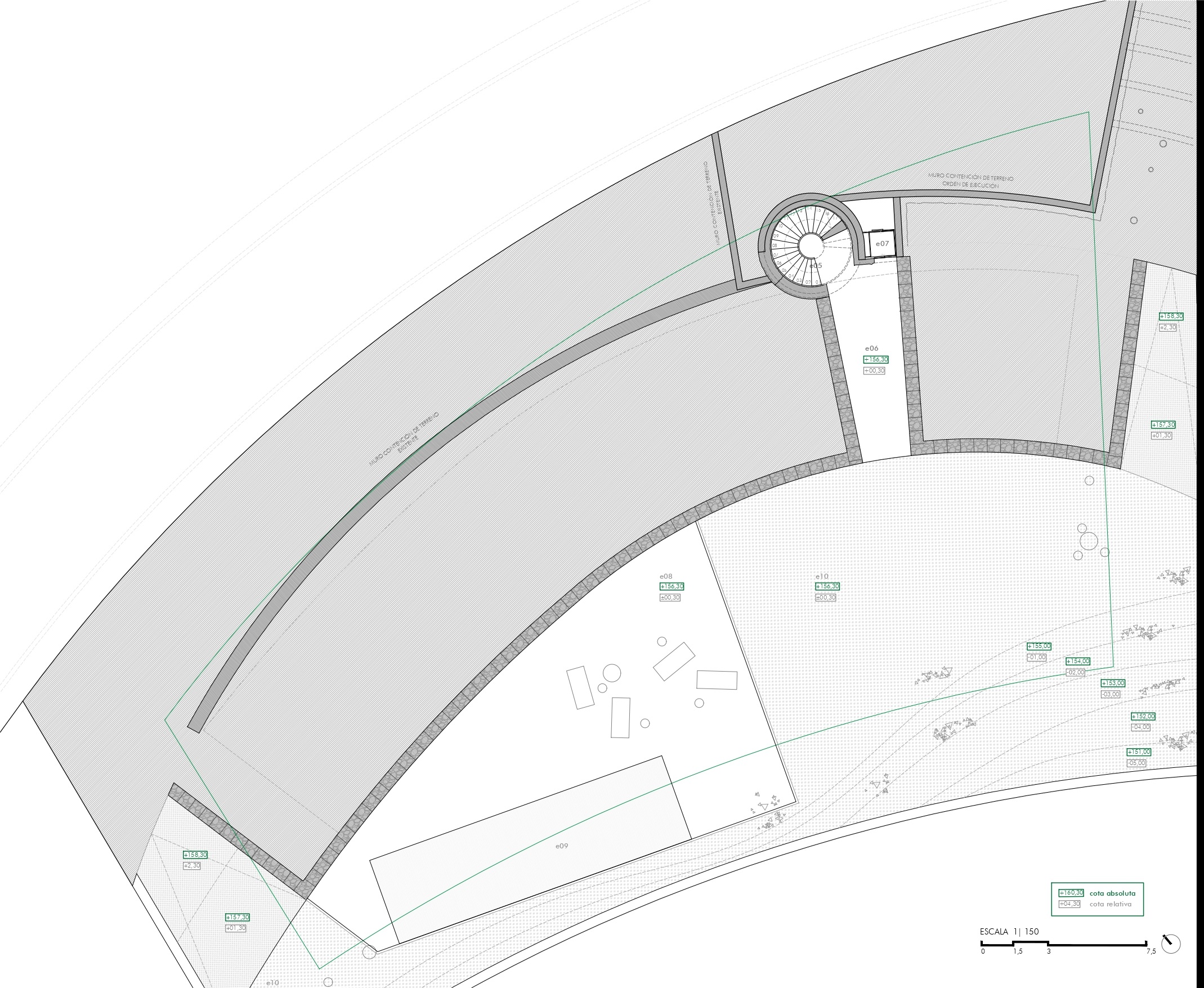 Detaillierter architektonischer Lageplan einer geschwungenen Terrasse mit Pool, Außenmöbeln und einer in das Gelände integrierten Wendeltreppe.