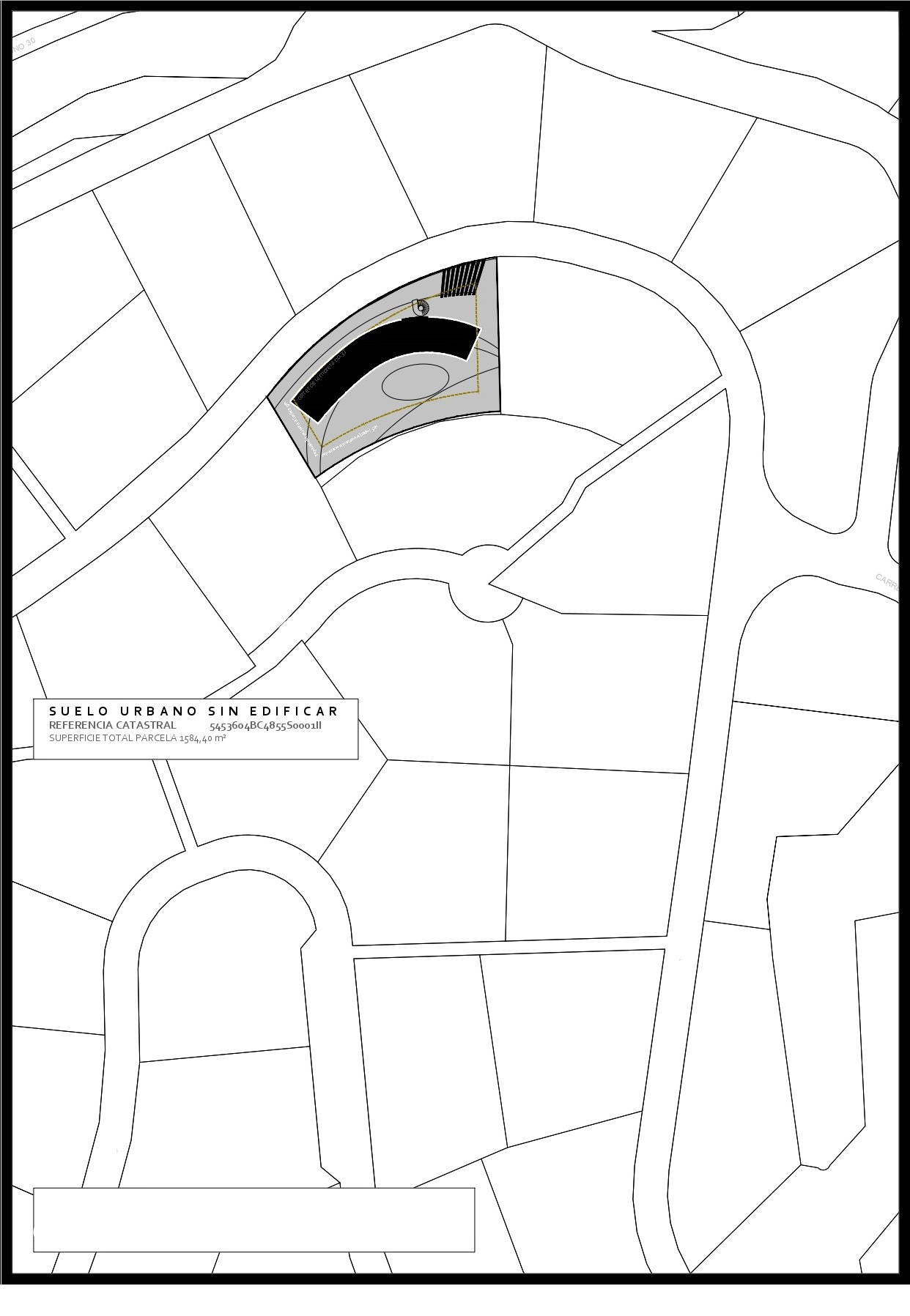 Katasterplan eines unbebauten städtischen Grundstücks von 1.584,40 m² mit Darstellung des geplanten geschwungenen Gebäudegrundrisses.