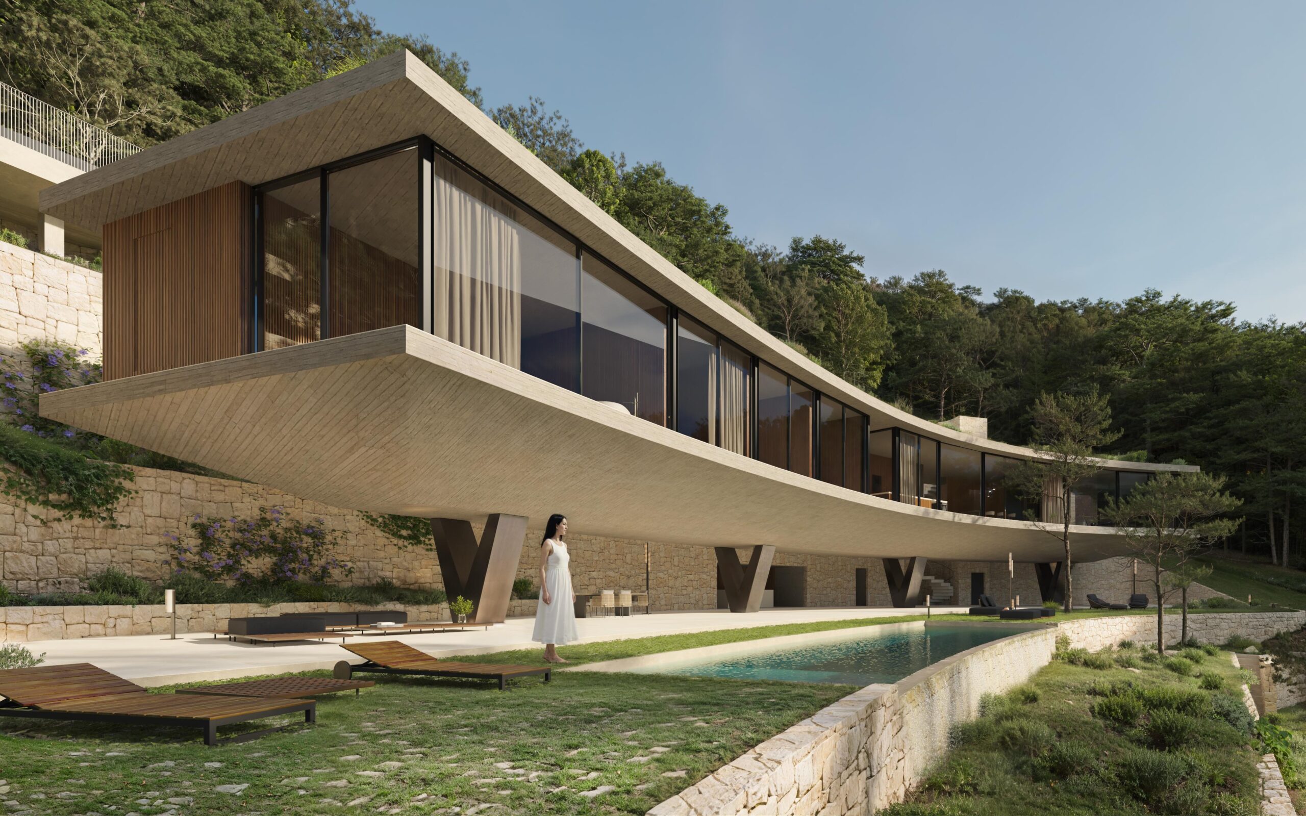 Moderne Kragarm-Villa aus Sichtbeton mit bodentiefen Glasfronten, geschwungenem Infinity-Pool und markanten V-Stützen in bewaldeter Hanglage.