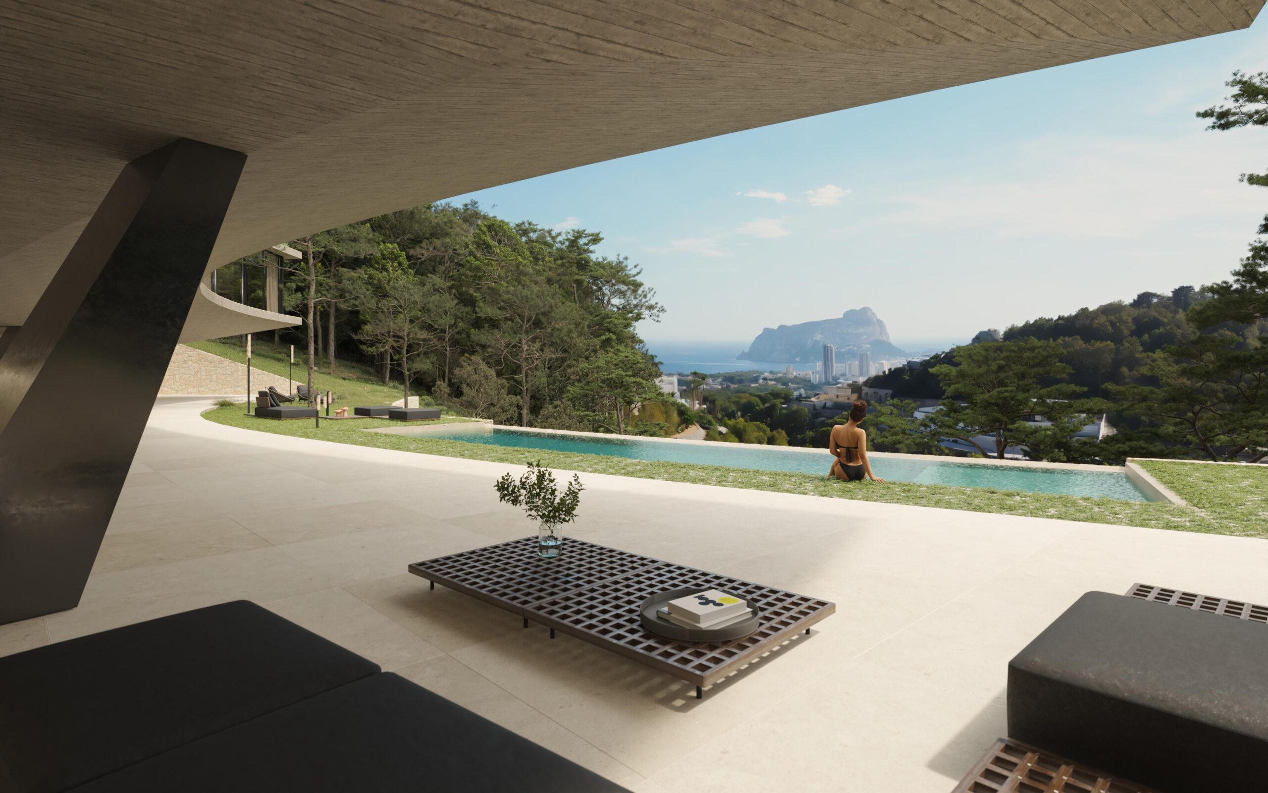 Moderne Terrasse mit Sichtbetondecke, Infinity-Pool und Panoramablick auf den Peñón de Ifach und die Mittelmeerküste.