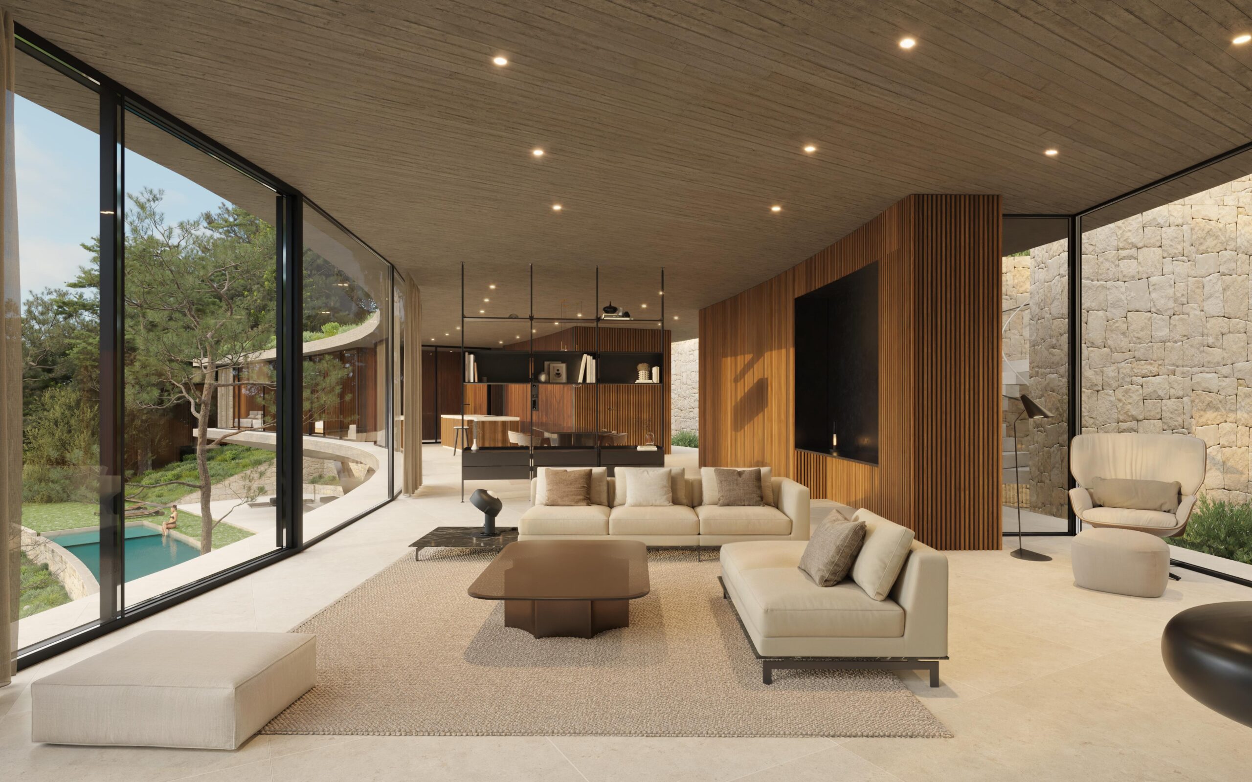 Moderner offener Wohnbereich mit bodentiefen Glasfronten, Holzlamellenwänden und Sichtbetondecke. Der Raum blickt auf eine geschwungene Terrasse und den Pool.