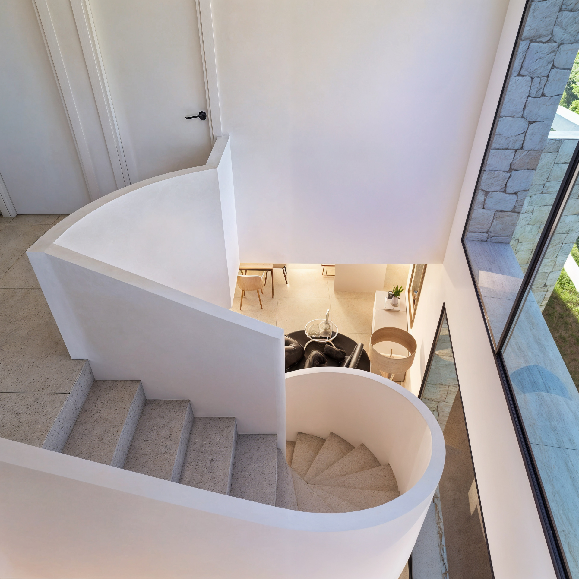 Draufsicht auf eine skulpturale weiße Wendeltreppe mit Steinstufen, die in einen minimalistischen Wohnbereich mit großen Fenstern und Natursteinwänden führt.