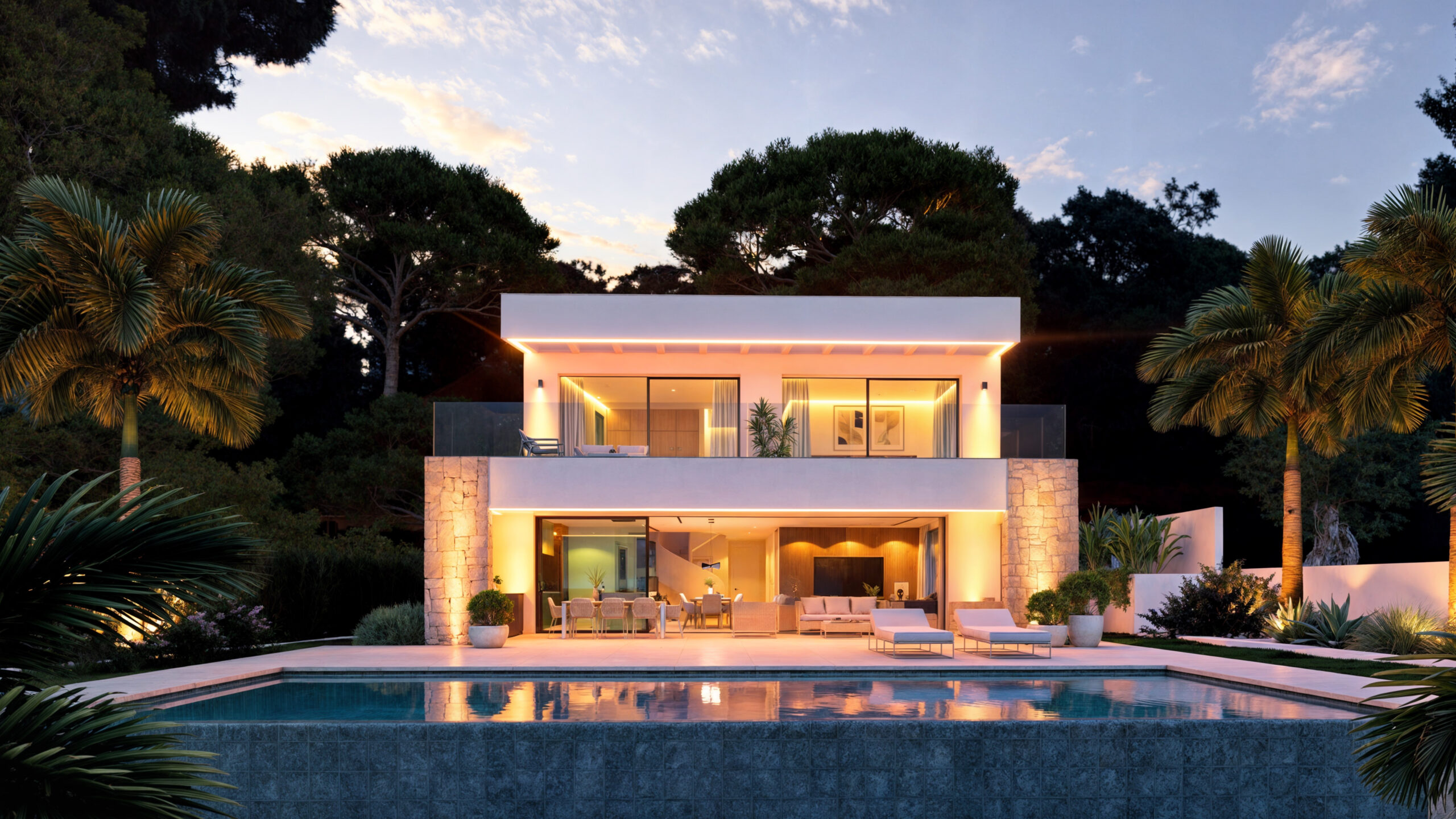 Moderne zweistöckige Villa mit weißer Fassade, Steinakzenten, einem Infinity-Pool und integrierter LED-Beleuchtung unter den Dachvorsprüngen.
