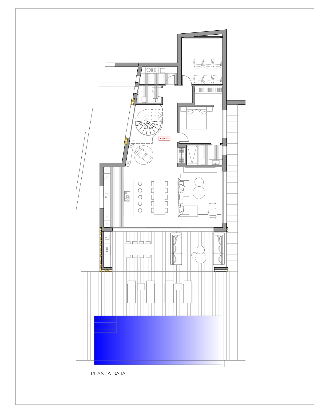 Technischer Grundriss des Erdgeschosses mit offenem Wohnbereich, Küche mit Insel, privatem Kino, Schlafzimmer mit Bad und einer großzügigen Terrasse mit Pool.