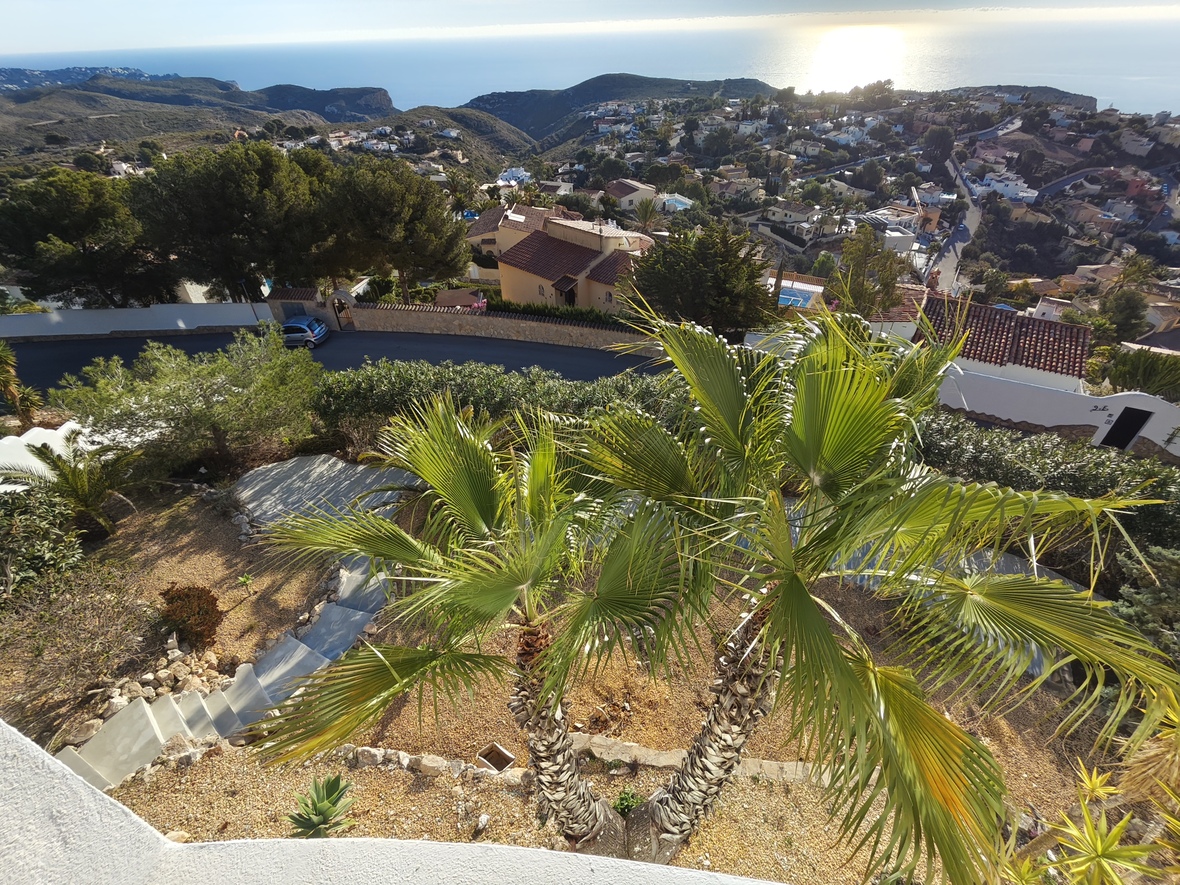 Erhöhter Blick von der Terrasse auf einen mediterranen Garten mit Palmen, Steintreppen und Panoramablick auf die Küste und das glitzernde Meer.