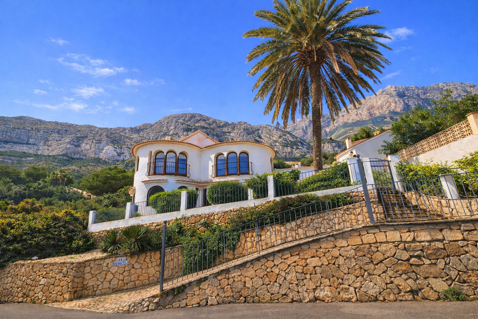 Außenansicht einer weißen mediterranen Villa mit Rundbogenfenstern und Natursteinmauern vor einer imposanten Bergkulisse und einer hohen Palme.
