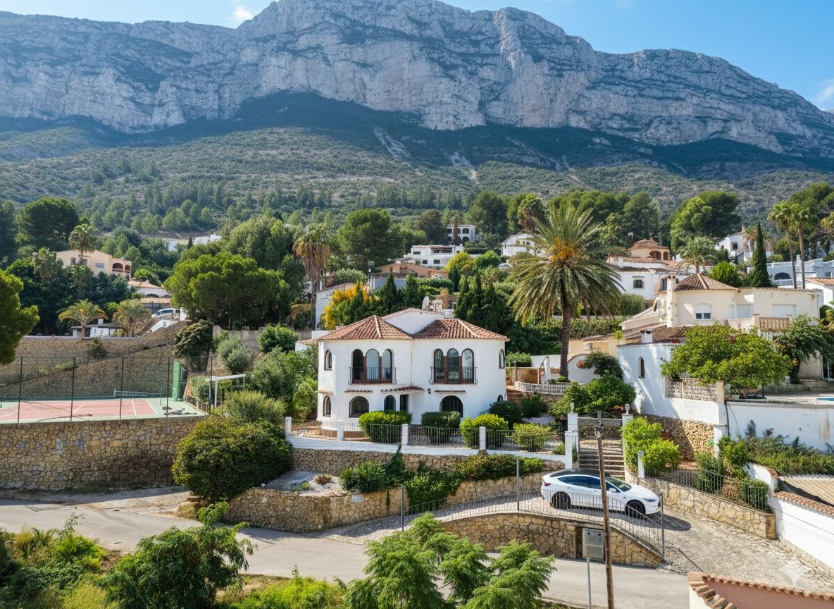 Außenansicht einer weißen Villa mit Rundbogenfenstern vor einer markanten Bergkulisse, inklusive Tennisplatz und gepflegten Steinterrassen.