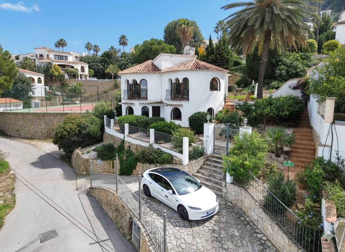 Außenansicht einer zweistöckigen mediterranen Villa mit Rundbogenfenstern, Terrakottadach und einer Steinfahrt mit privatem Tor und üppiger Bepflanzung.