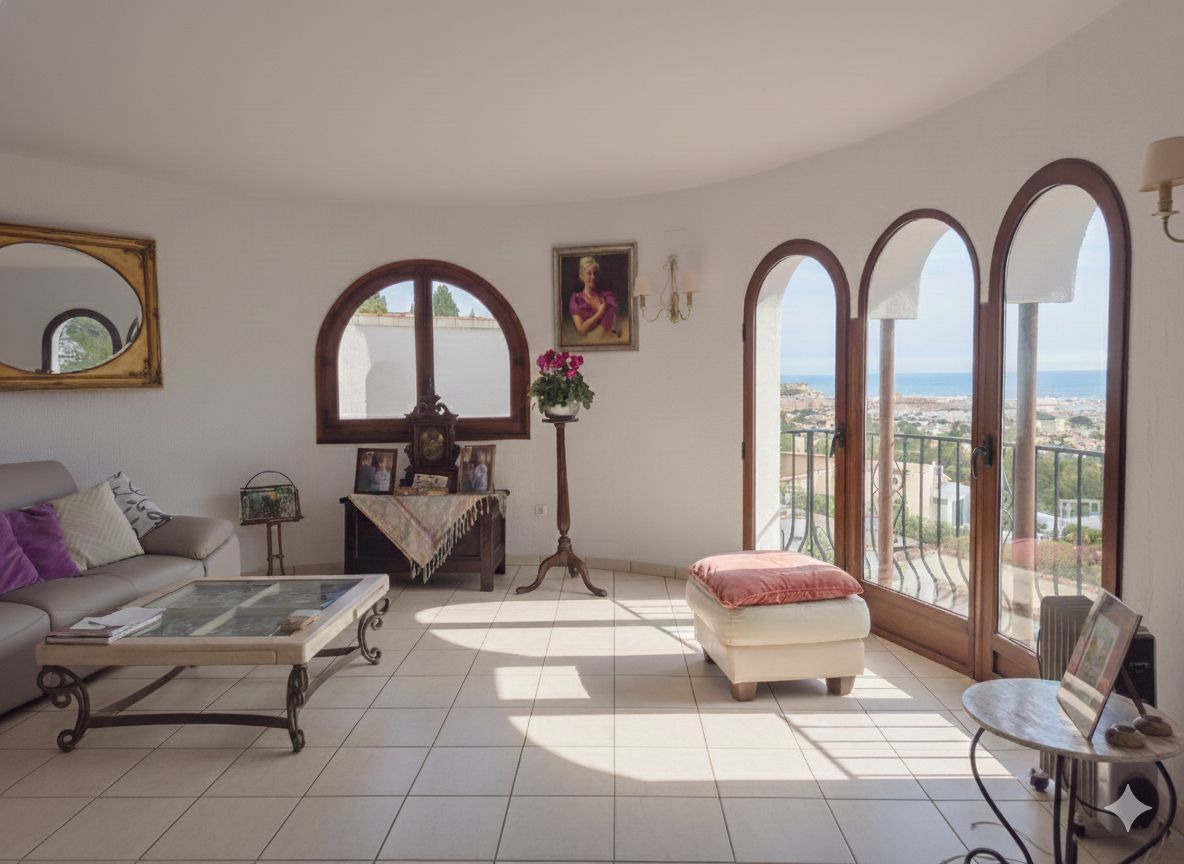 Heller Wohnbereich mit drei bogenförmigen Fenstertüren, Panoramablick auf das Meer und die Küste, Fliesenboden und klassischer Einrichtung.
