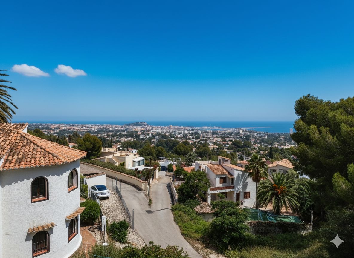 Panoramablick aus erhöhter Position auf eine Küstenstadt und das Mittelmeer, mit traditionellen weißen Villen, Terrakottadächern und üppigem Grün.