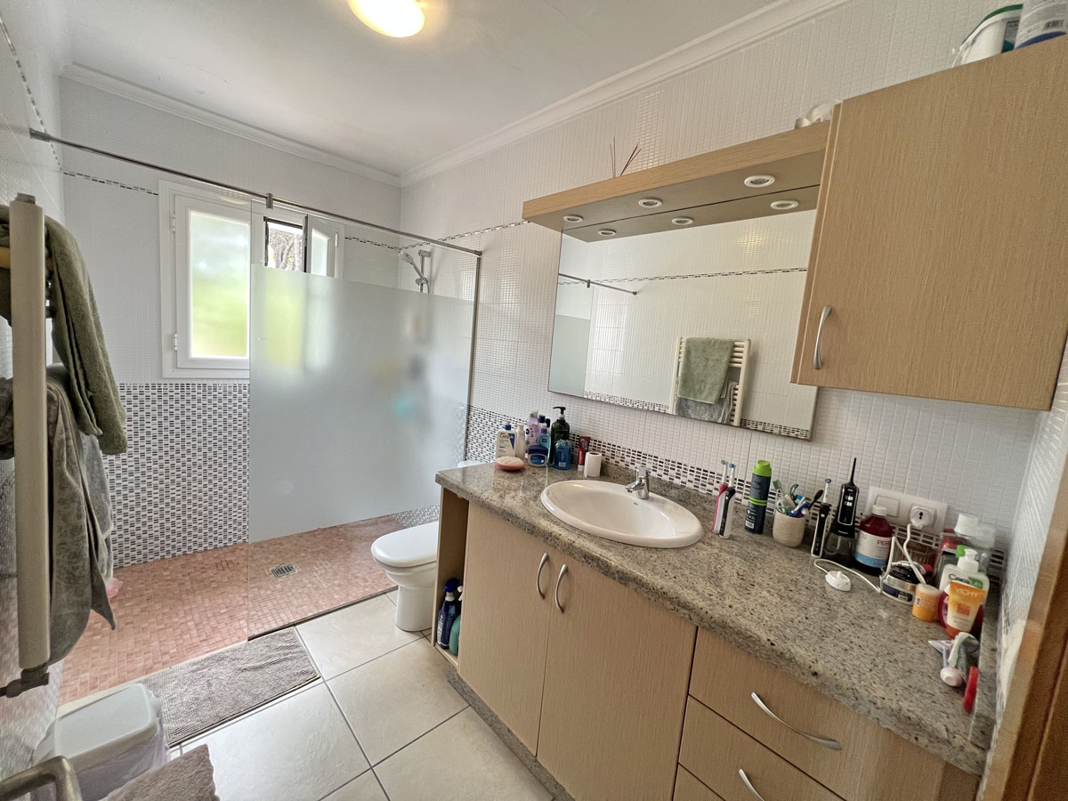 Badezimmer mit Granit-Arbeitsplatte, Holzschränken und beleuchtetem Spiegel. Ausgestattet mit einer begehbaren Dusche mit Milchglastrennwand und Außenfenster.