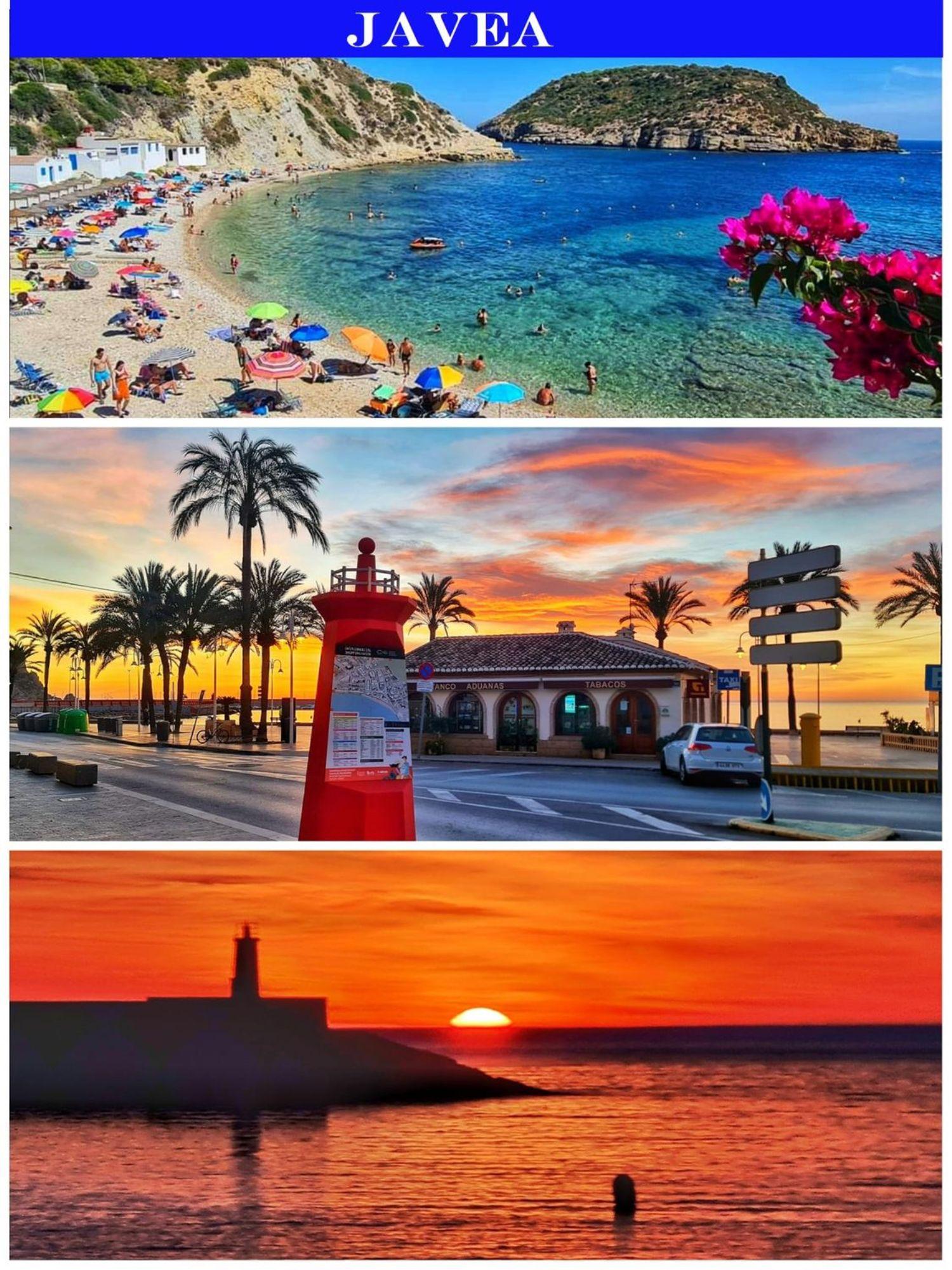 Collage von Jávea mit der Bucht Cala Portichol, kristallklarem Wasser, Sonnenuntergängen über dem Hafen und der Silhouette des Leuchtturms am Meer.