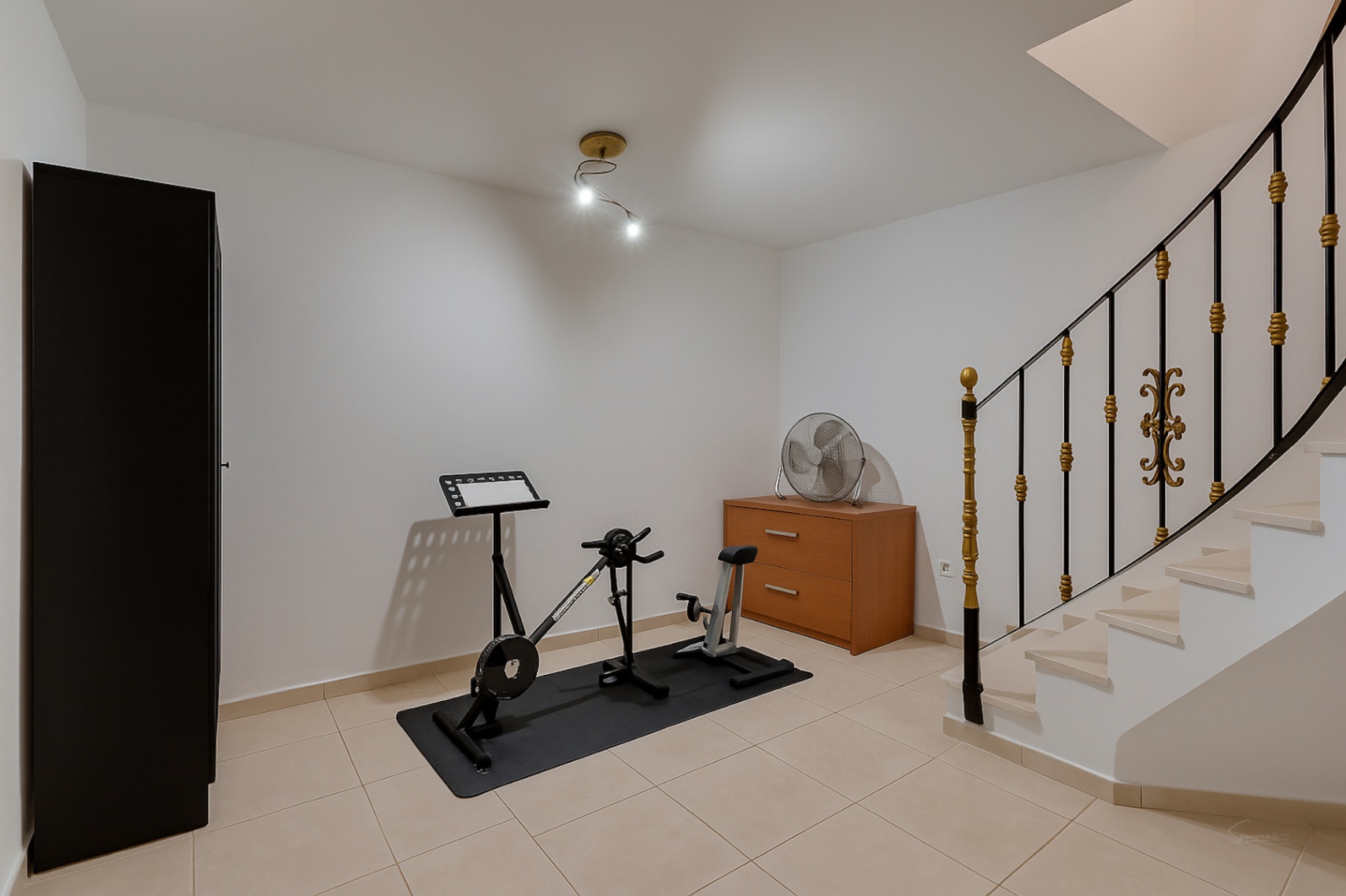 Mehrzweckraum im Untergeschoss mit Heimtrainer, Aufbewahrungsschränken und einer Treppe mit dekorativem Schmiedeeisengeländer und Goldakzenten.