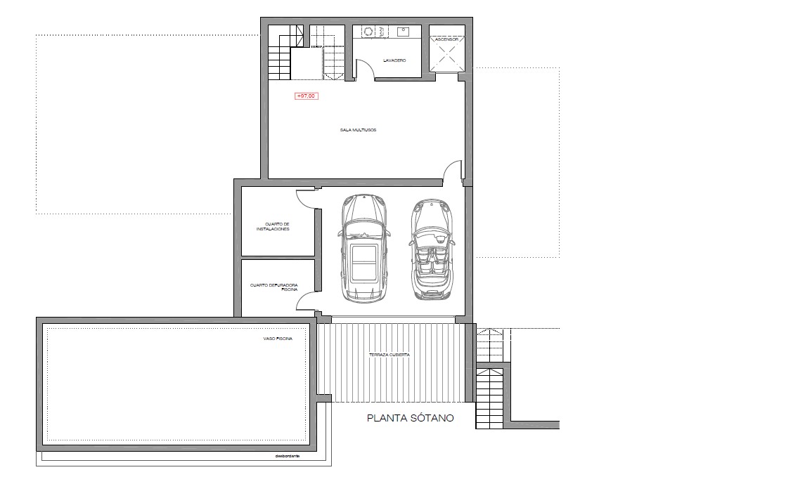 Detaillierter Grundriss des Untergeschosses mit Doppelgarage, Mehrzweckraum, Waschküche, Aufzugsschacht und Technikräumen am Poolbecken.