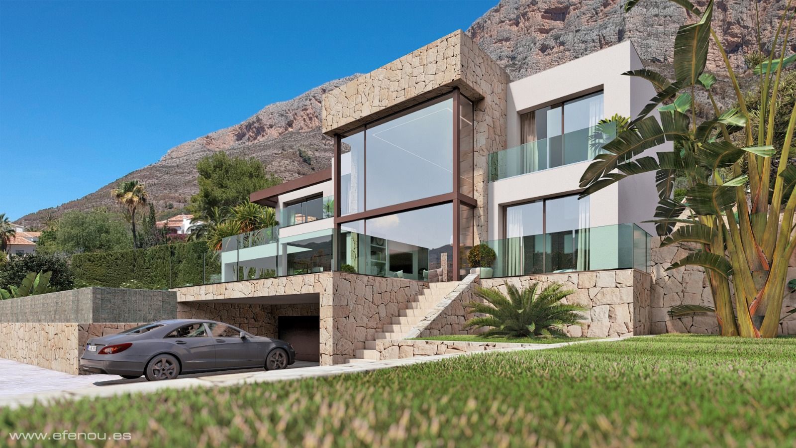 Moderne Villa mit doppelstöckigen Glasfronten, Natursteinwänden und Glasgeländern, gelegen vor der beeindruckenden Kulisse des Montgó-Massivs in Jávea.