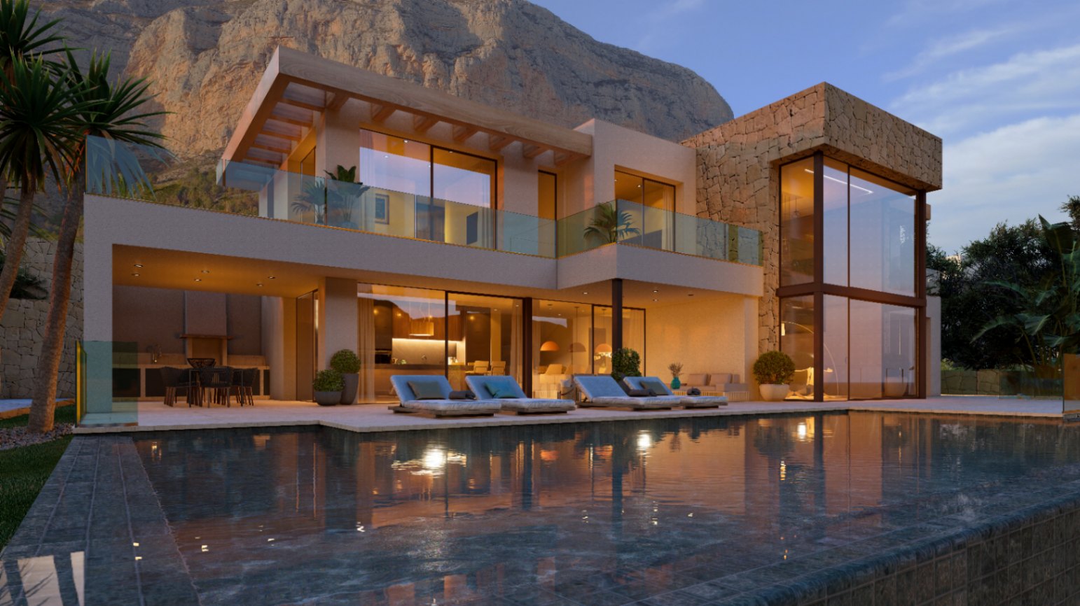 Moderne Villa mit Pool vor der Kulisse des Montgó, charakterisiert durch Natursteinwände, bodentiefe Fensterfronten und großzügige, beleuchtete Terrassenbereiche.